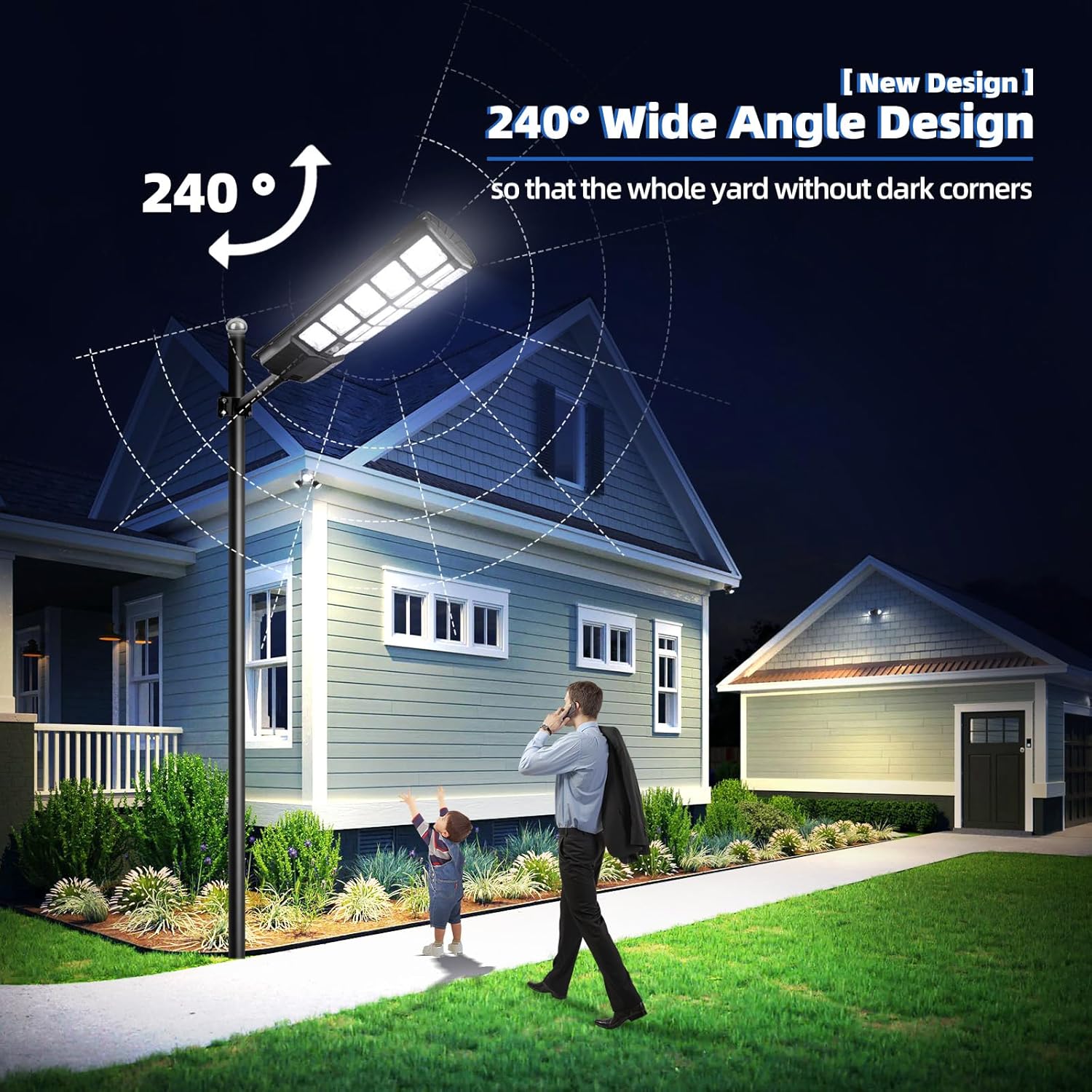 KingHe solar street light installed on a pole, illuminating a wide area around a house and driveway.