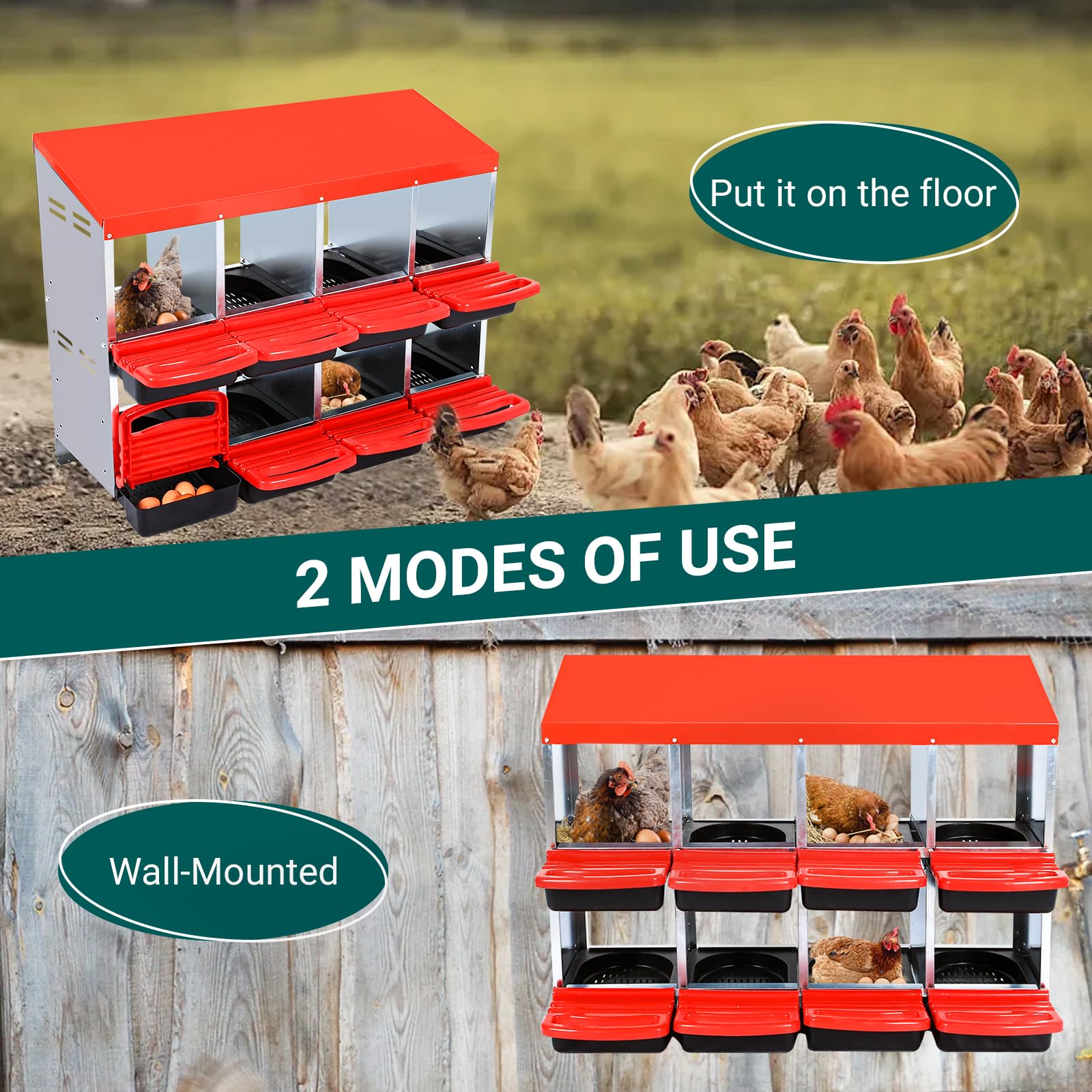Robusto Nido Imetallo Galline Ovaiole 6 Scomparti Acciaio Zincato Coperchio Bloccabile Design Arrotolabile Ventilazione, Vassoio Rimovibile Facile Pulizia Deposizione Sicura Delle Uova Pollai