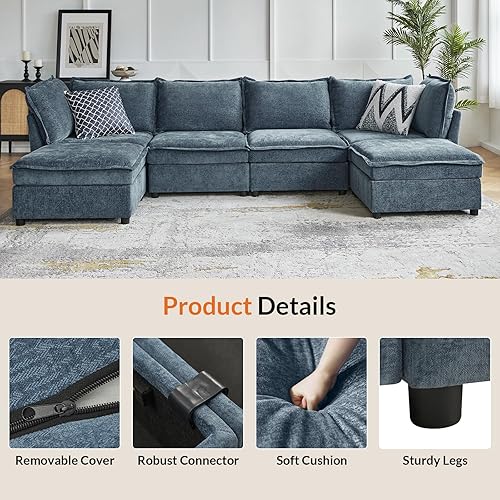 Miniatura 6 de HULALA HOME Sofá modular modular de 127 pulgadas, sofá grande en forma de U con otomana de almacenamiento, cómodo sofá de felpilla con asiento