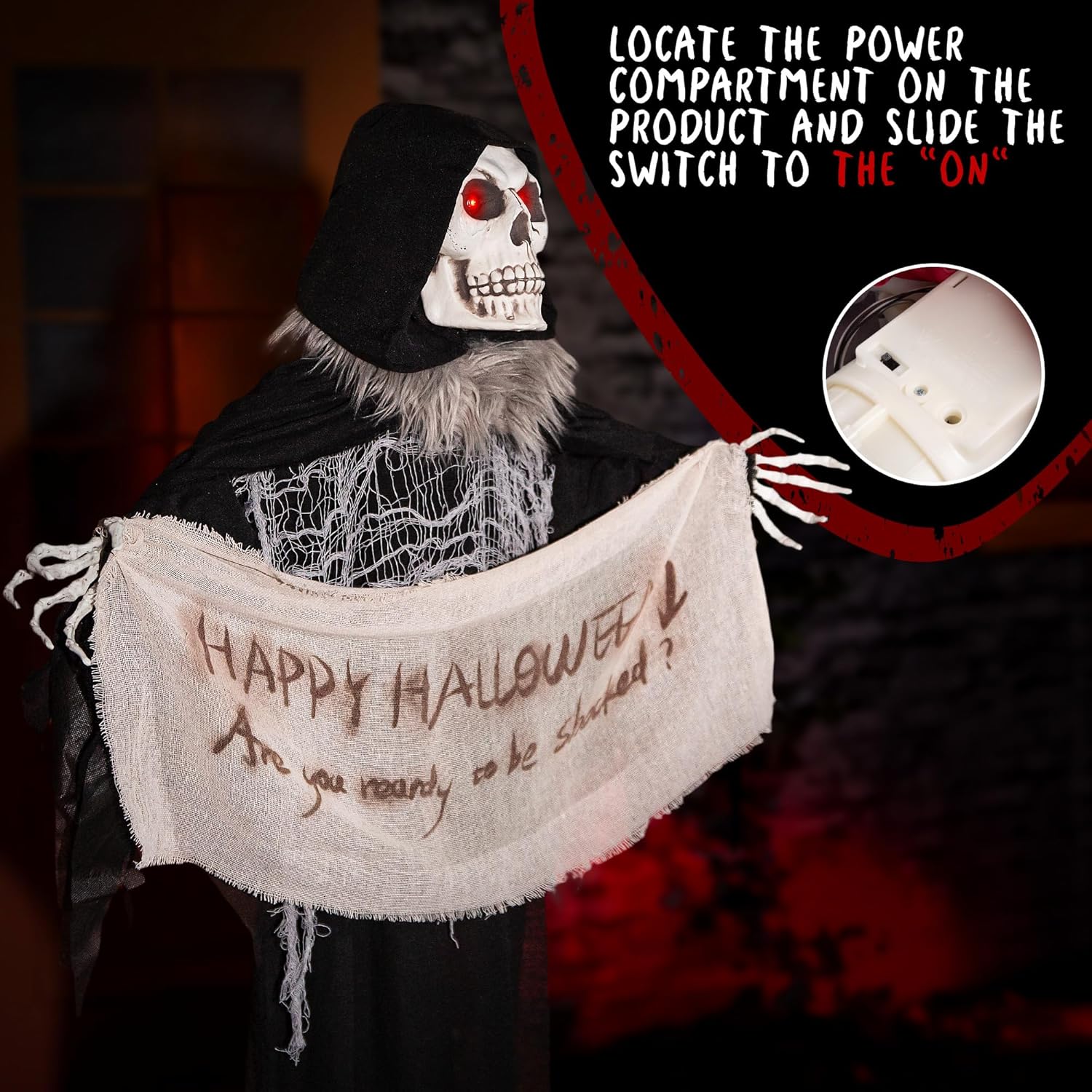 Halloween Animatronics 5ft Hanging Grim Reaper, 60in Animated Skeleton Decorations with Banner, Sound Activated, Creepy Voice, Spooky Skull, Light Up Eyes, Scary Move, Horror Prop for Indoor, Outdoor