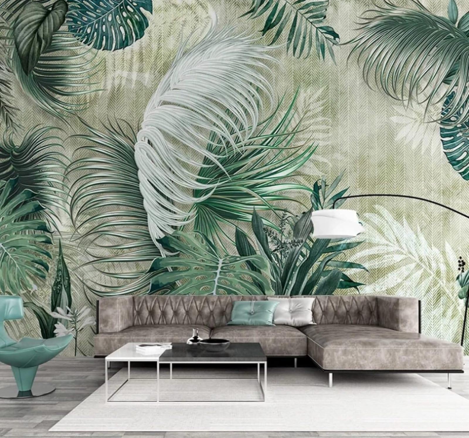 Papier peint feuilles vertes en soie de luxe effet 3D relief fait main XLMING
