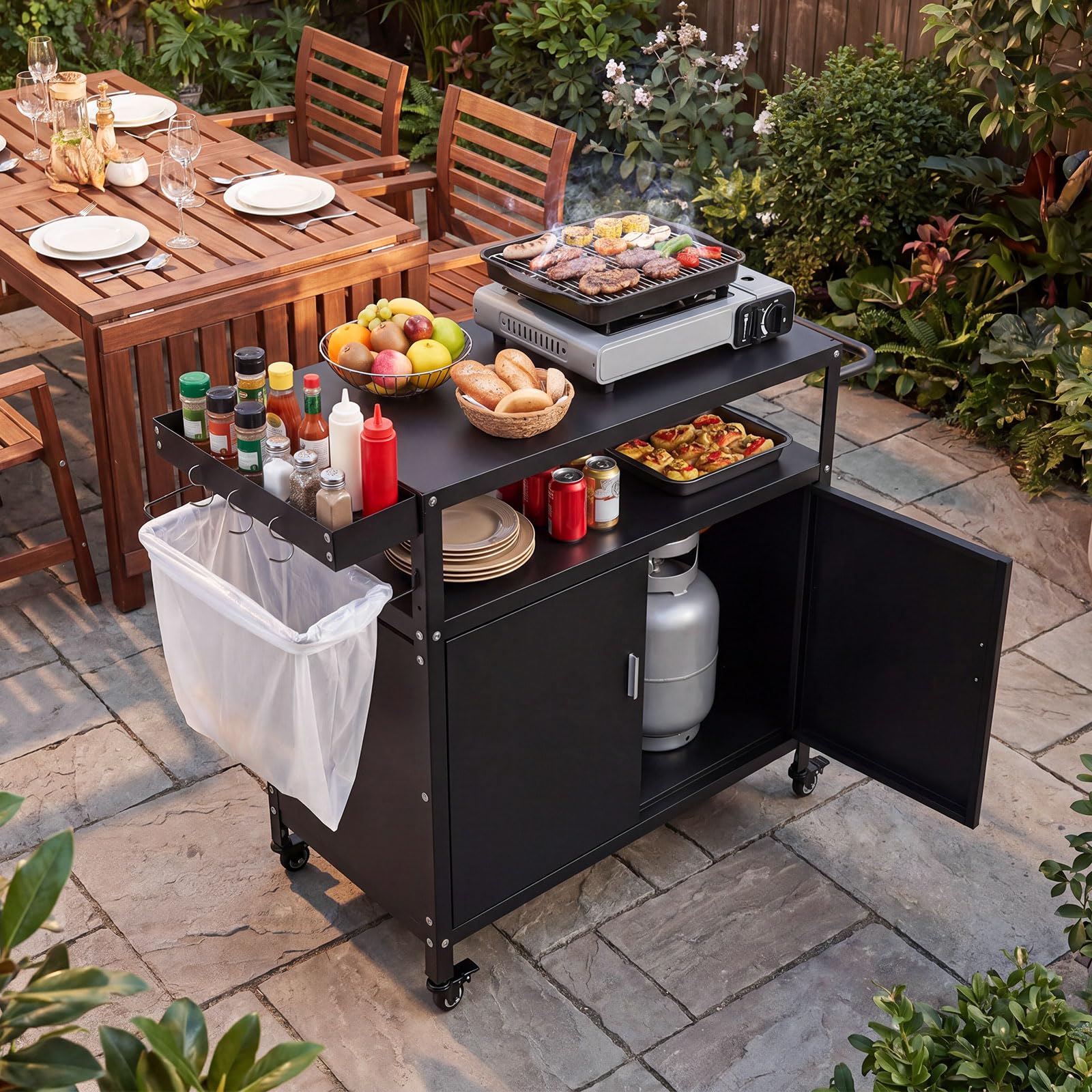 COSTWAY Carrito de Barbacoa con Ruedas, Acero, Armario de 2 Puertas, Estante, 3 Ganchos y Soporte para Bolsas de Basura, Carro de Servicio Cocina Interior y Exterior, 109 x 45 x 89 cm