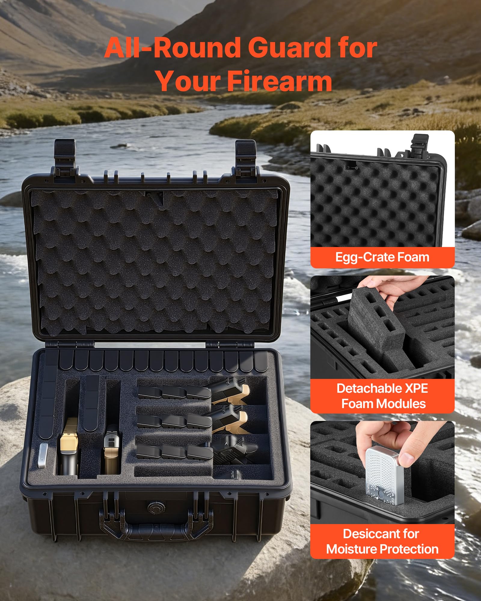 VEVOR Estuche Rígido para Pistola con Revestimiento de Espuma XPE, Funda para 6 Pistolas, Resistente al Agua y Polvo con Interior Personalizable y Asa 475 x 415 x 215 mm, Negro, Cumple con la TSA
