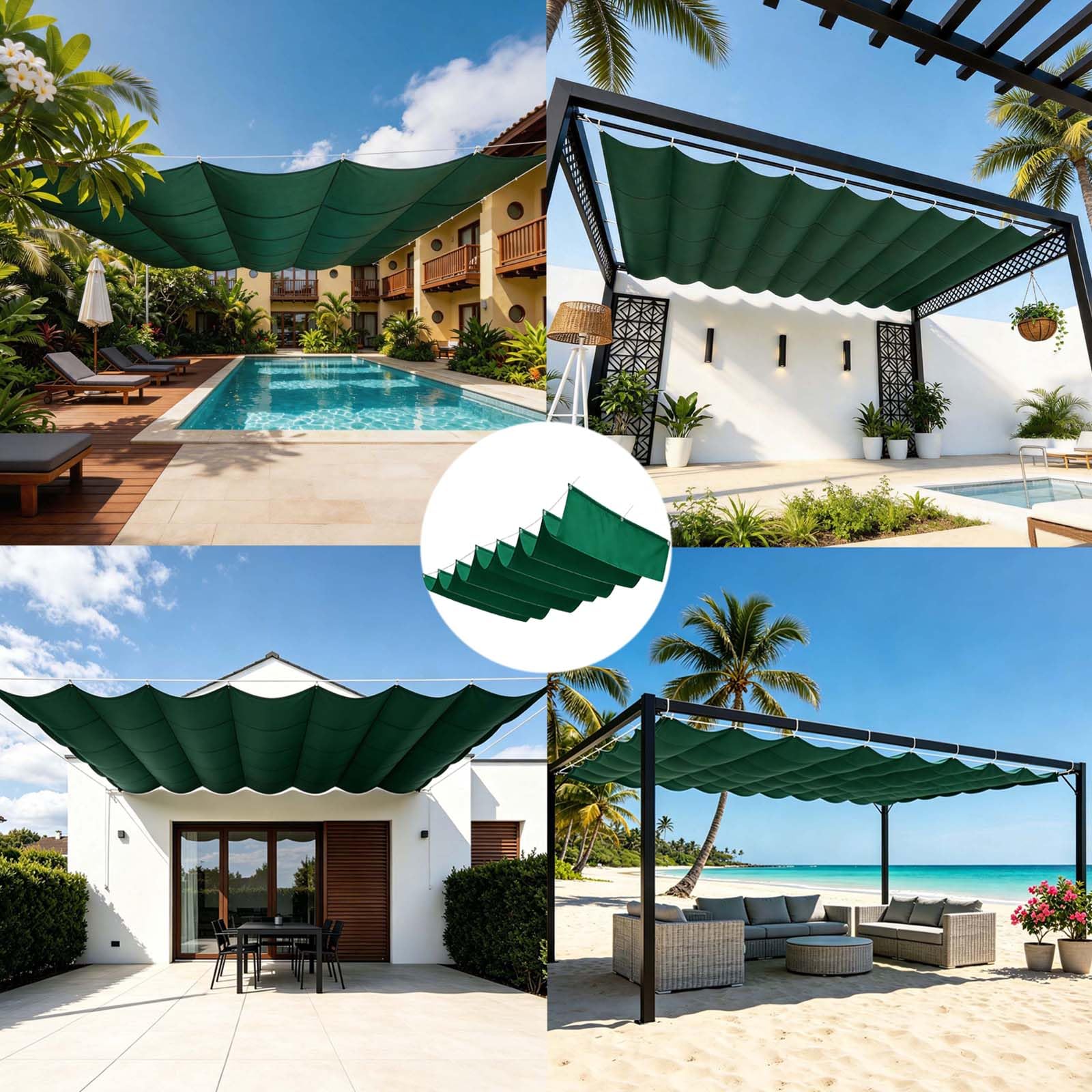 Tenda Parasole a Onda Retrattile 300 x 600 cm Protezione Dai Raggi Uv, con Occhielli e Corda di Fissaggio Tenda da Sole per Esterno Vela Parasole per Terrazze, Pergolato, Verde Scuro