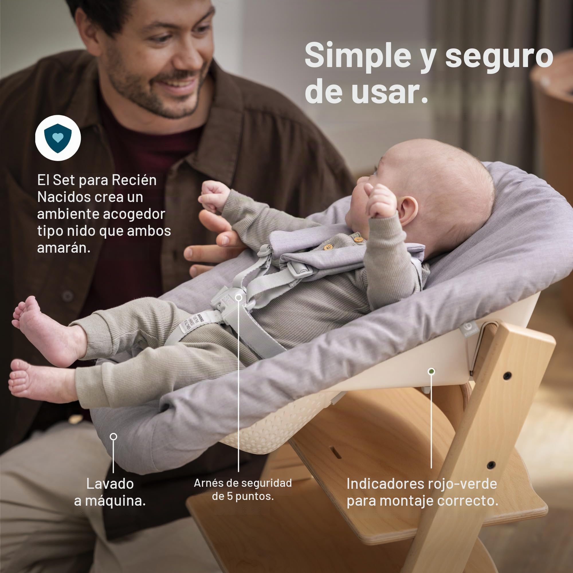 Silla Tripp Trapp Stokke (Verde glaciar) con Newborn Set (Gris) – Utilizar desde el nacimiento y hasta 9 kg – Cómodo, seguro y fácil de usar