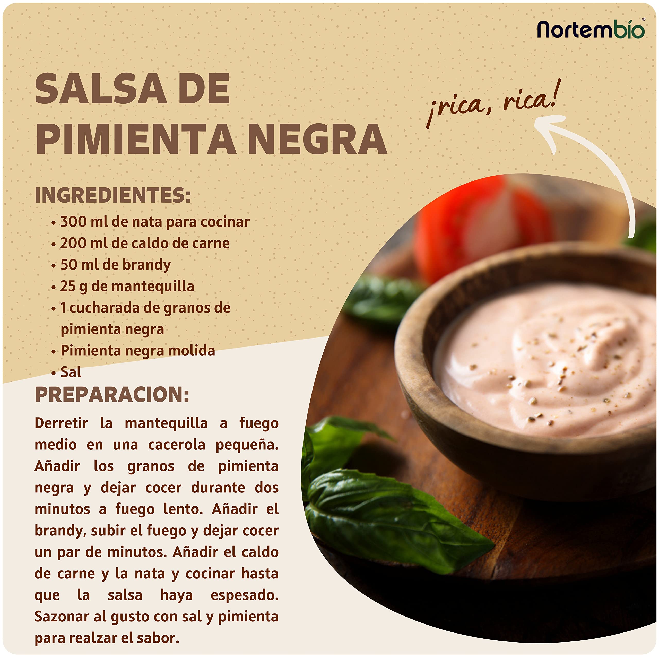 Nortembio Pimienta Negra Ecológica en Polvo 100 g. Origen 100% Natural. Calidad Gourmet. Pimienta Negra Molida Sin Aditivos ni Conservantes. Envase Hermético & Cierre Zip. E-Book con Recetas Incluido.