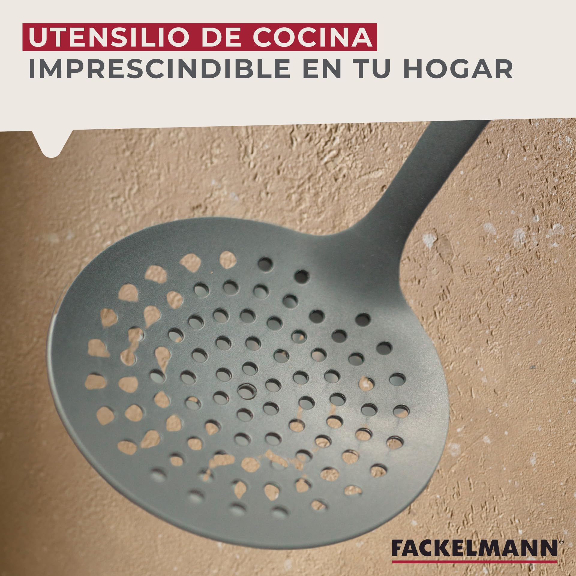 Fackelmann Espumadera Soft de Nylon para Fritos con Mango Antideslizante, Apto para Sartenes y Ollas con Recubrimiento Antiadherente, Color Gris y Naranja, 32X10,5 cm, 1 ud.