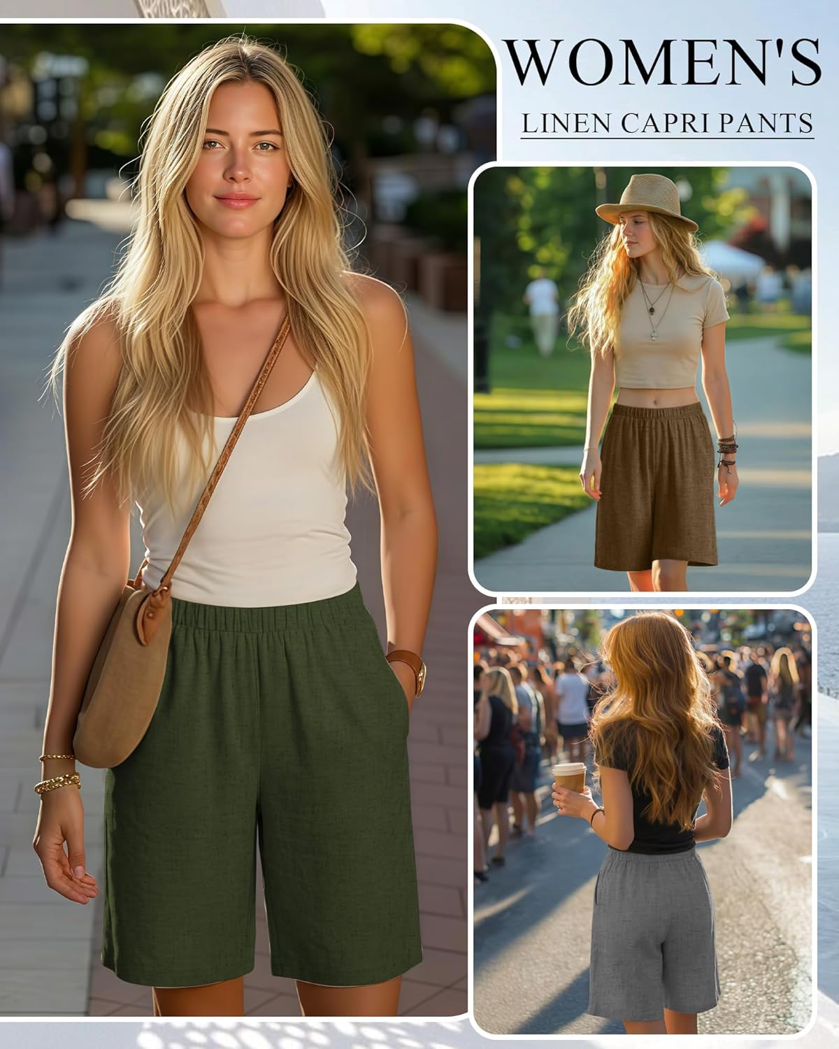 Riyiper 3 Pack Women's Linen Shorts Elastic High Waist Bermuda Wide Leg Summer Casual Lounge Short with Pockets - Image 5