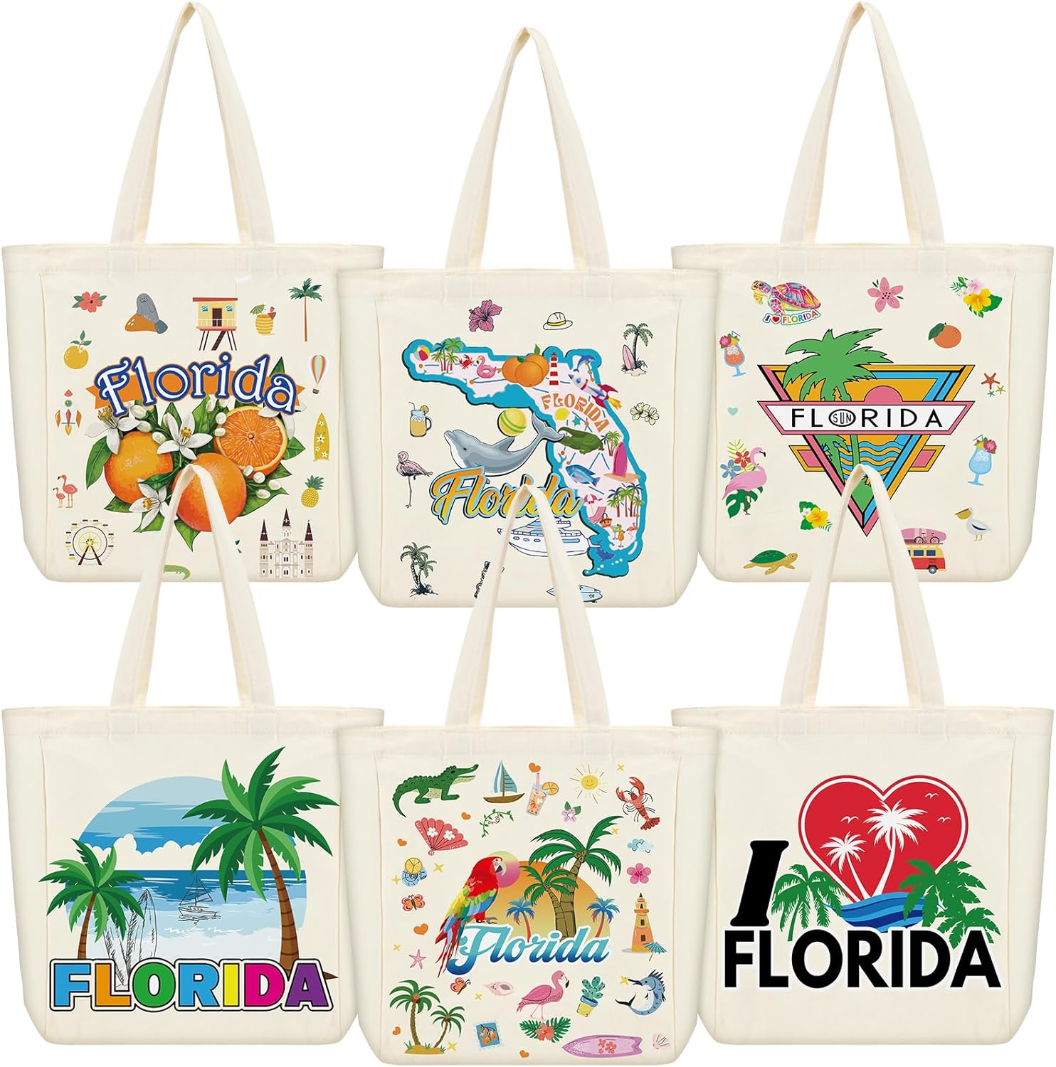 6 Pcs Large Canvas Tote Bags Reusable City Souvenir Grocery Bags with Handle Shopping Basket Bulk (California)