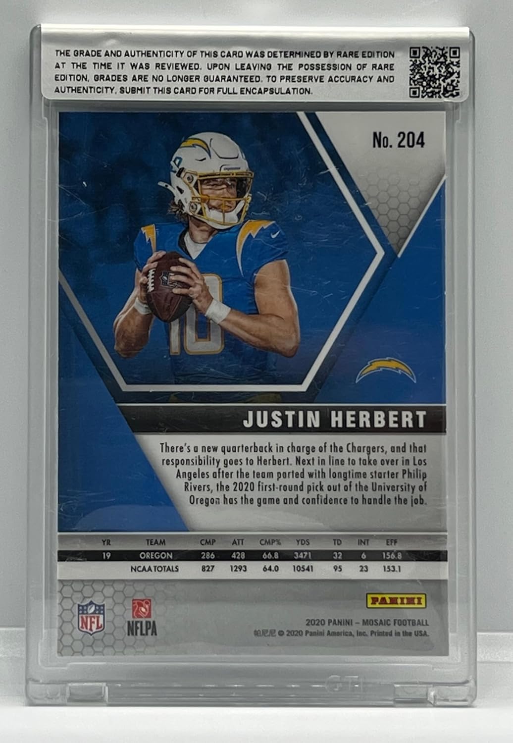 Justin Herbert Rare Edition Graded 8 NM-MT Rookie Card Raw Submission Collectible Football Card - 2020 Panini Mosaic Football Card #204 (Chargers) Ships in One Touch Case Holder