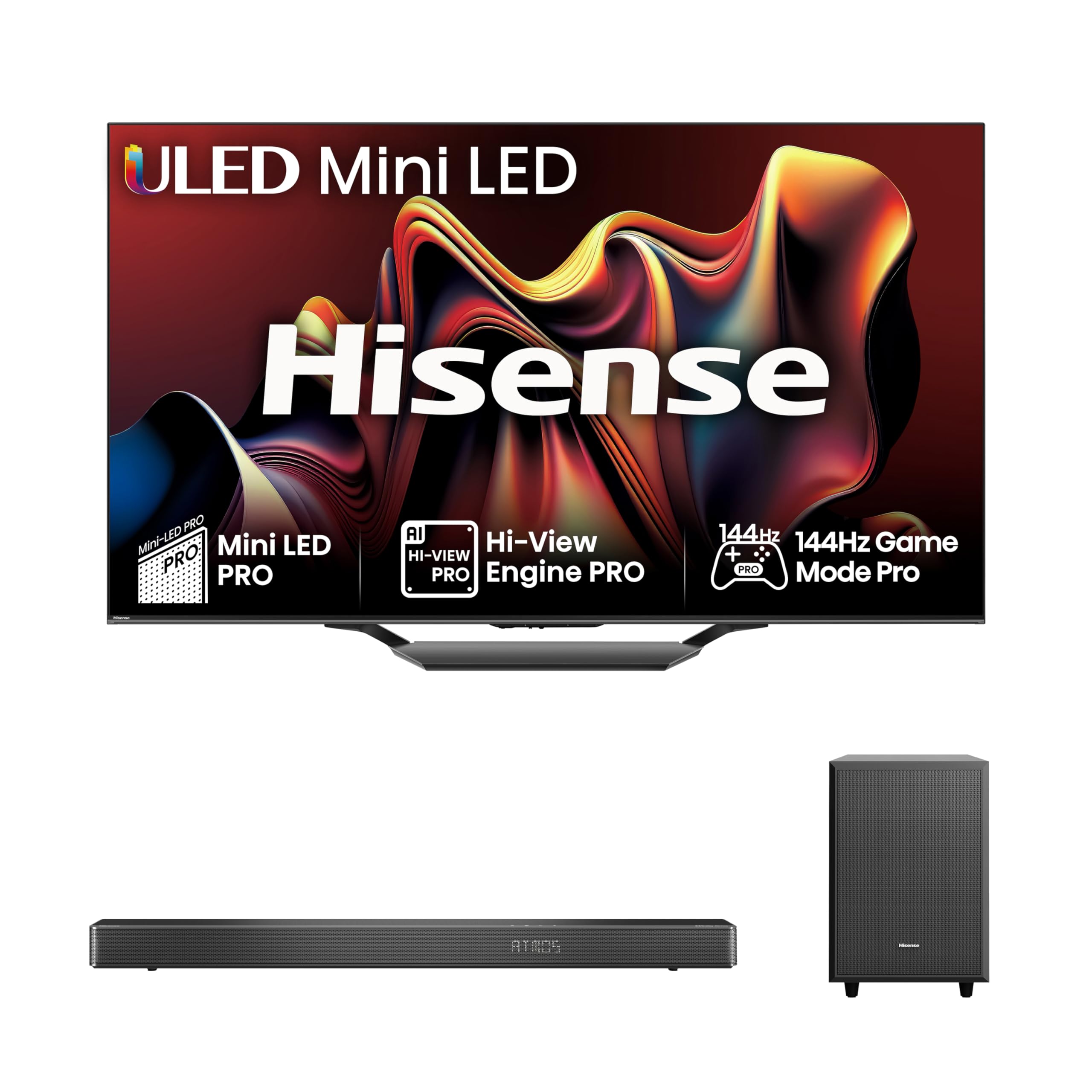 Hisense TV & Soundbar Bundle: 75U7NQTUK Mini-LED PRO TV Plus the AX3120G 3.1.2 Channel Soundbar with 360W Power & up-firing speakers - Perfect Match for Perfect Visual-Audio Experience
