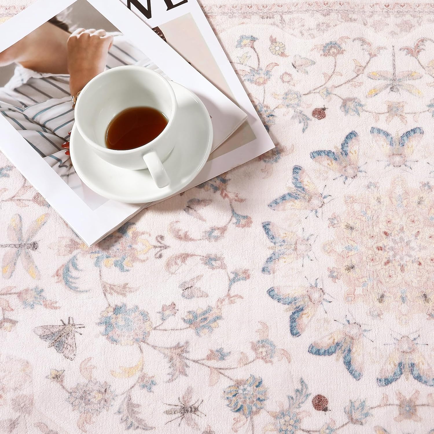 Moynesa Pink Runner Rugs for Long Hallway 2.5x8, Vintage Washable Floral Print Runner for Nursery Decor, Rubber Backing Non Slip Carpets for Kitchen Entryway Bathroom Bedroom