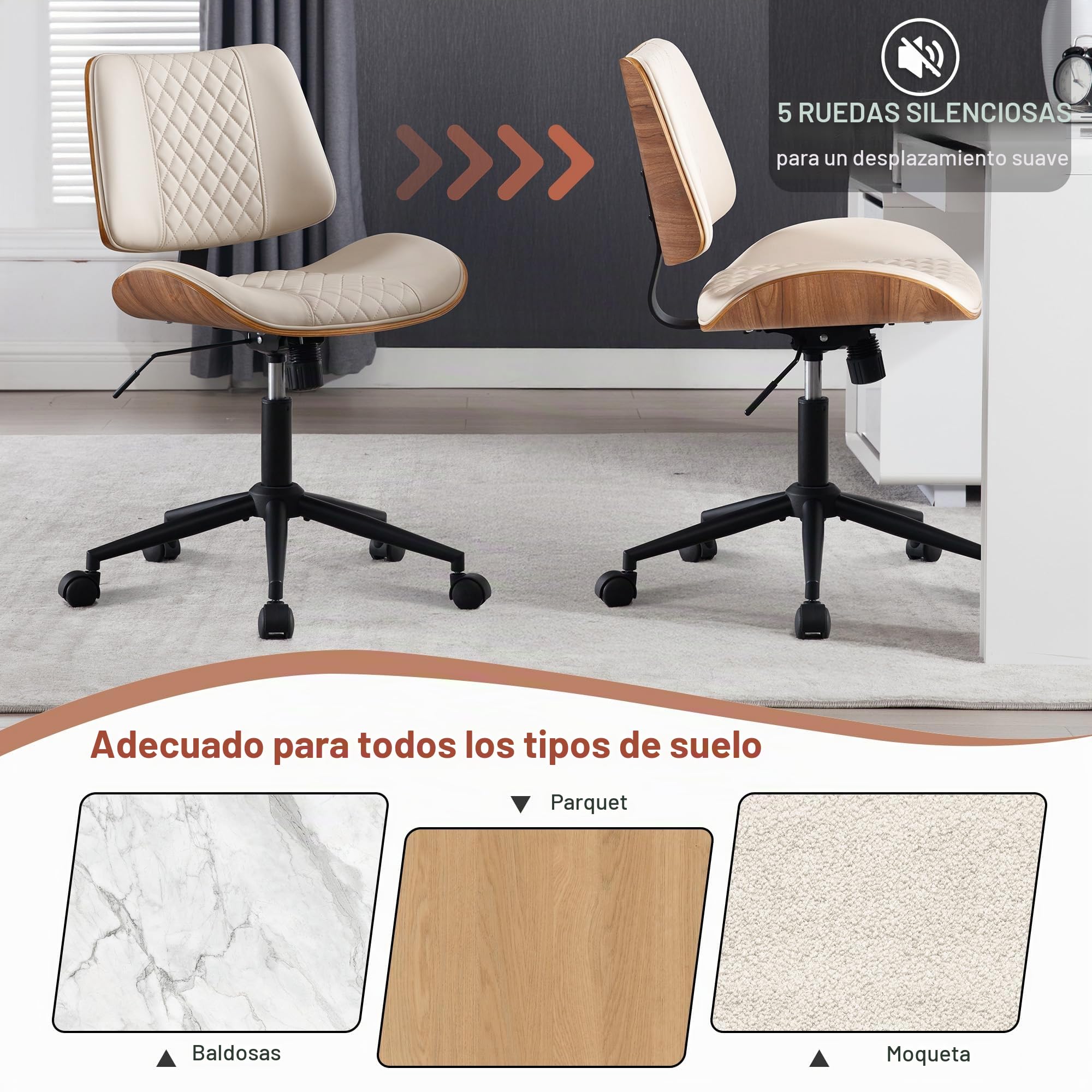 Silla Oficina Piel Sintética con Ruedas,Silla Escritorio Moderna De Medios De Siglo, Ajustable En Altura Y ángulo, Ruedas 360° para Estudio U Oficina, Office Chair,hasta 136 Kg