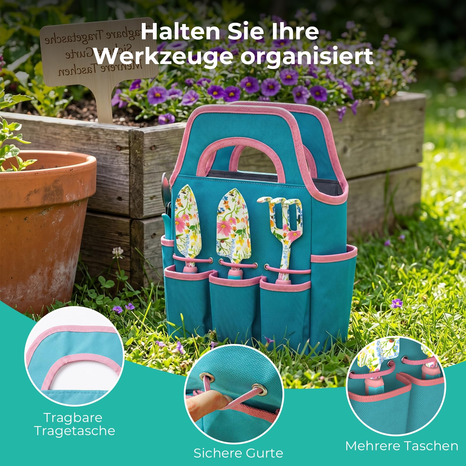 9-teiliges Gartengeräte-Set, Garten-Handwerkzeuge aus Aluminiumlegierung Starter-Kit mit Gartentasche, Robustes Outdoor-Werkzeug-Set mit ergonomischem Griff, Garten-Geschenke (Blumenmuster)