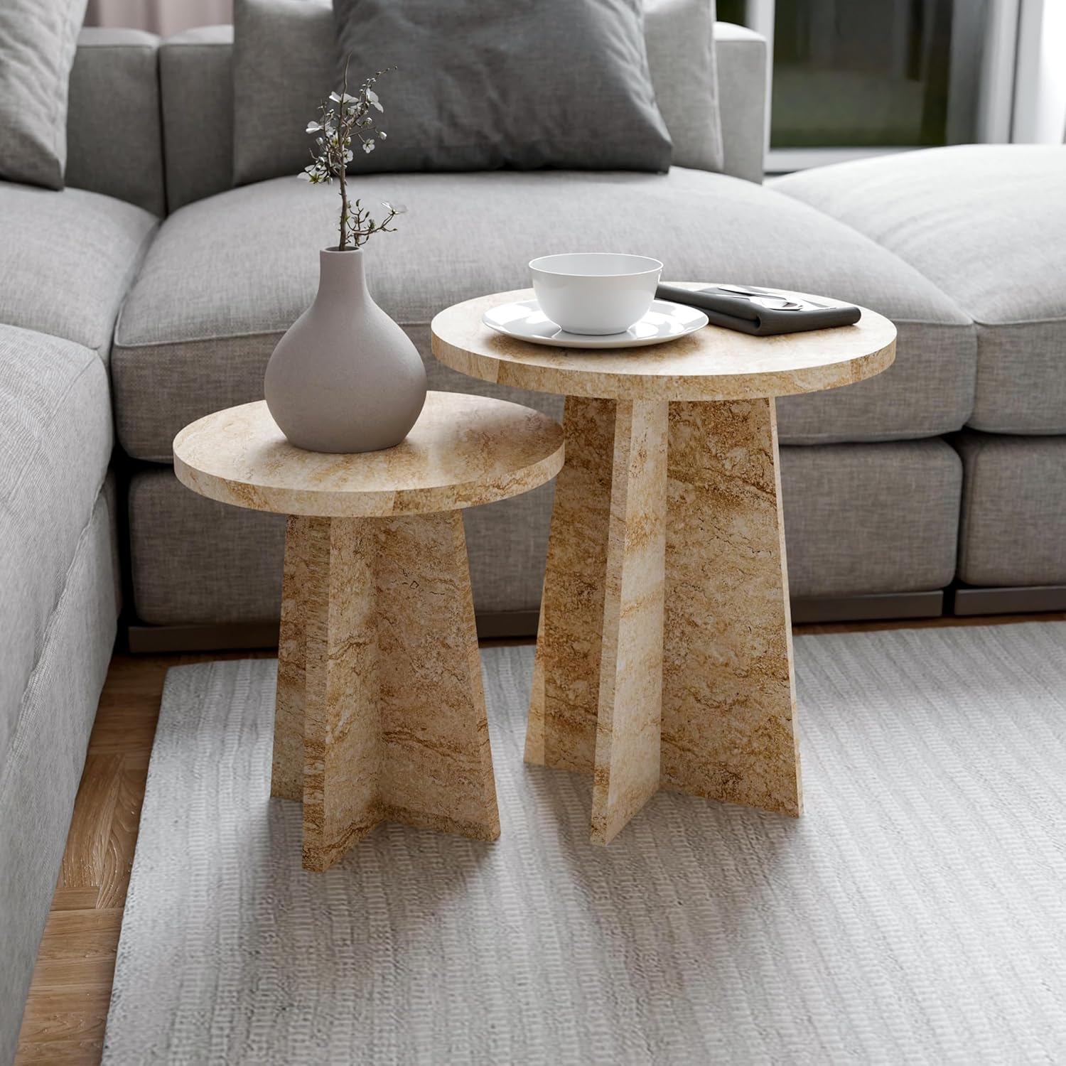 Travertine Efect Round Nesting Coffee Table Set of 2 Modern Coffee Table Small Side Table End Table for Living Room