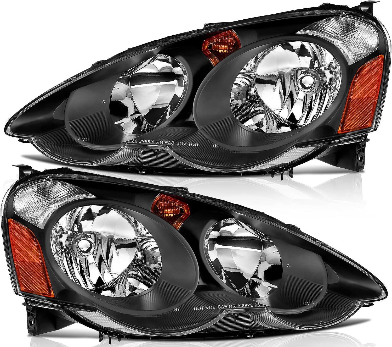 Headlight Assembly for Acura RSX 2002-2004 Black Housing Amber Reflector Clear Lens Driver and Passenger Side Headlamp
