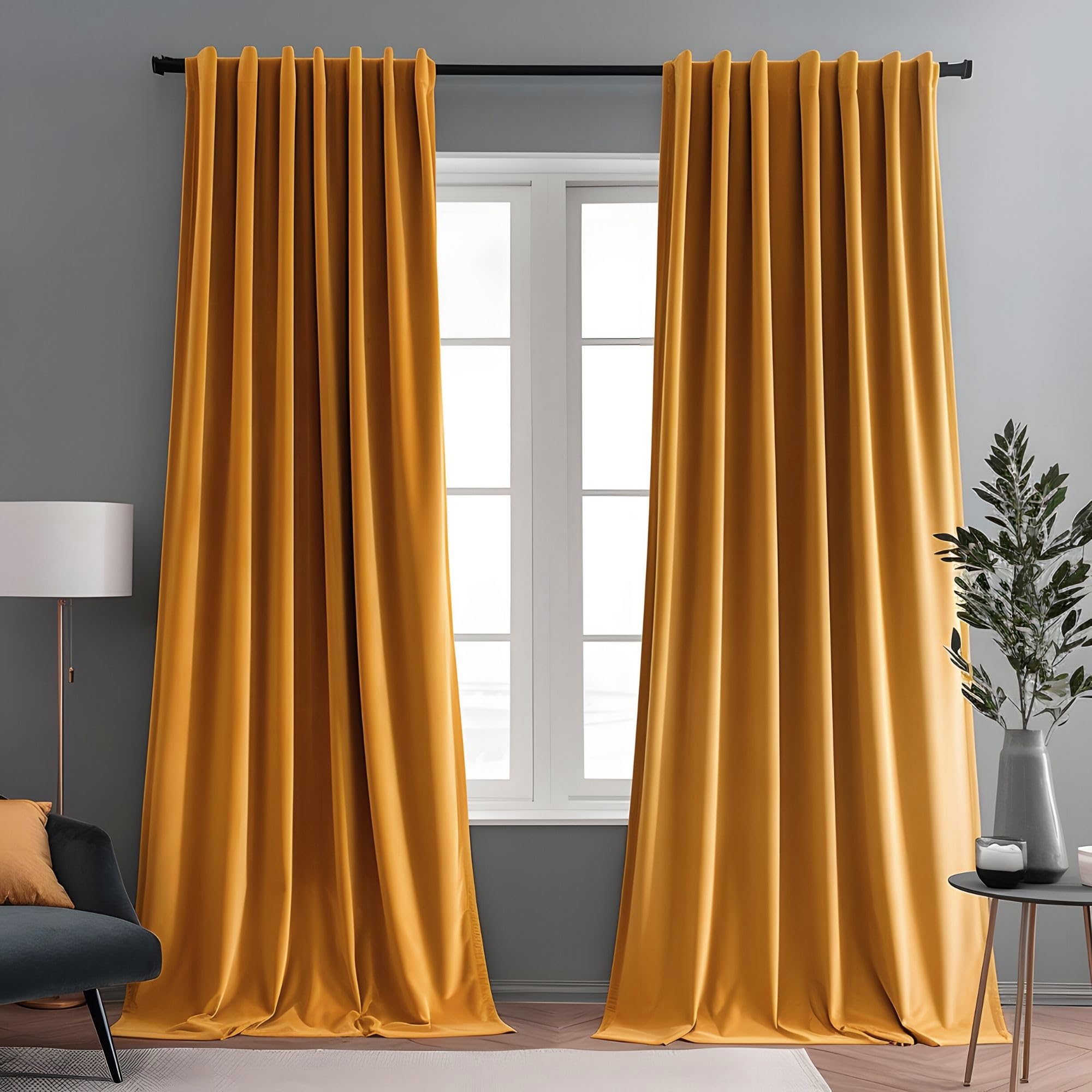 Aljctns Marigold Velvet Curtains for Living Room Luxury 80% Blackout Curtains for Bedroom,Thermal Insulated Super Soft Window Drapes Rod Pocket & Back Tab, 52" W x 108" L, 2 Panels Set โ image 1