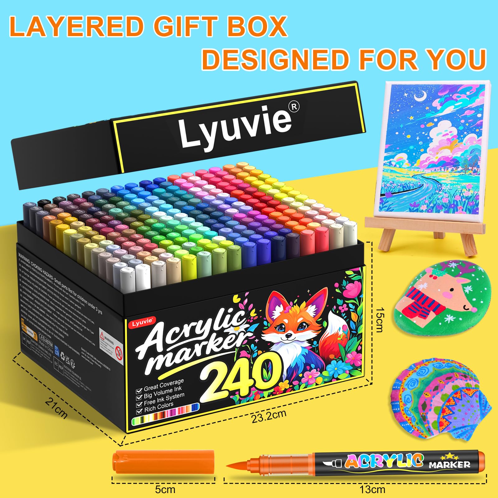 Lyuvie 240 Couleurs Feutre Acrylique, Acrylic Paint Brush Marker à Peinture à Base D'eau, Marqueur Peinture Acrylique pour Pierre,Bois,Galets,Papier, Tissu,Verre, Plastique