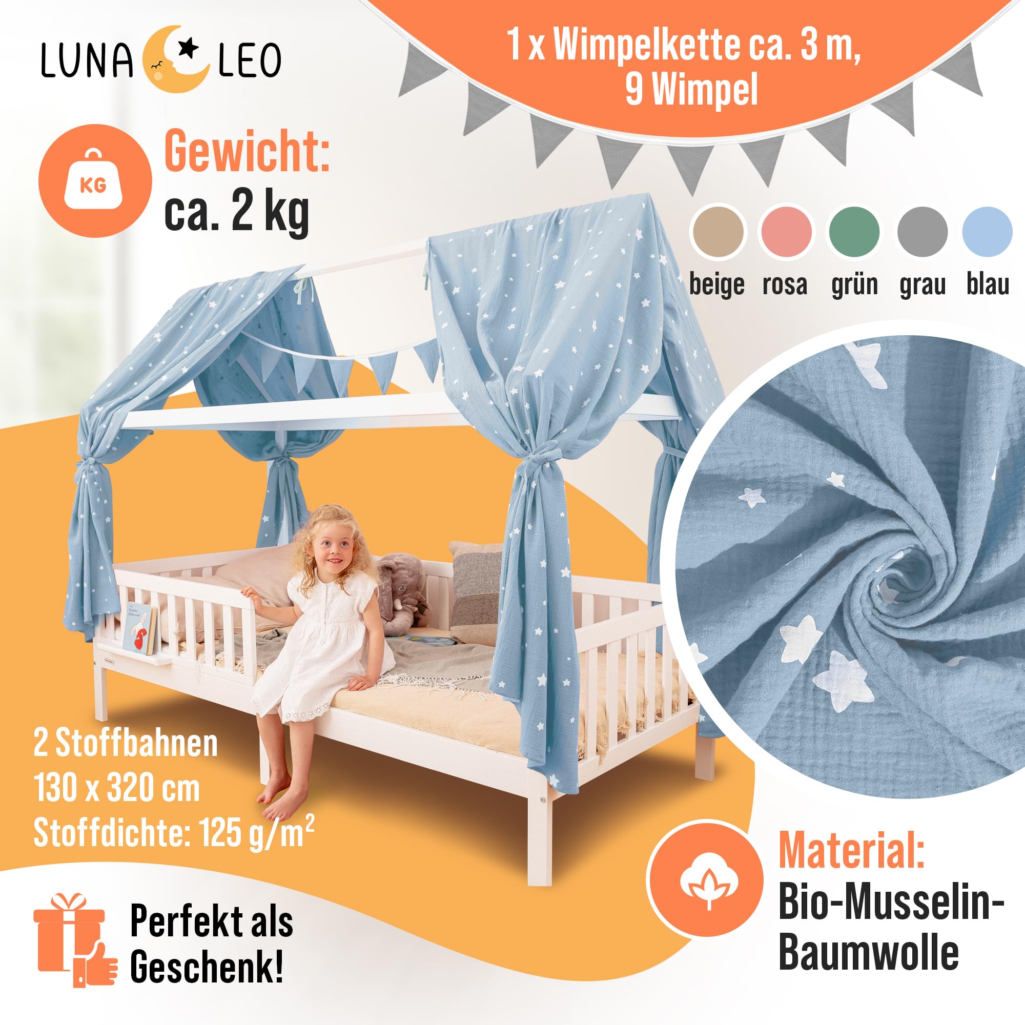 Luna & Leo Hausbett Himmel 3-TLG - mit Sternendruck *TESTSIEGER 2025* [Bio Musselin Baumwolle] Handmade | Himmelbett Vorhänge Betthimmel Deko (Hellblau, 2er Set 320 x 130cm + Wimpelkette)