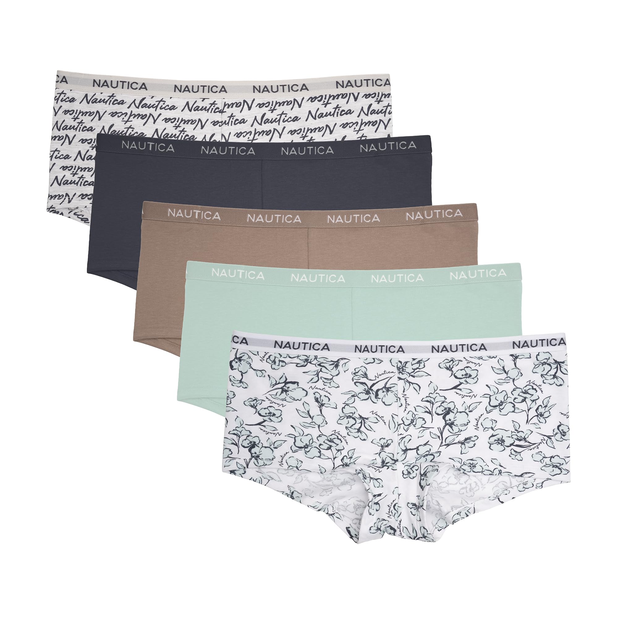 Nautica Women's Cotton Boyshort Underwear Set, 5-Pack, Nt Floral/Zen Garden/Sand Bar/Chainmetal/Brush Script, L