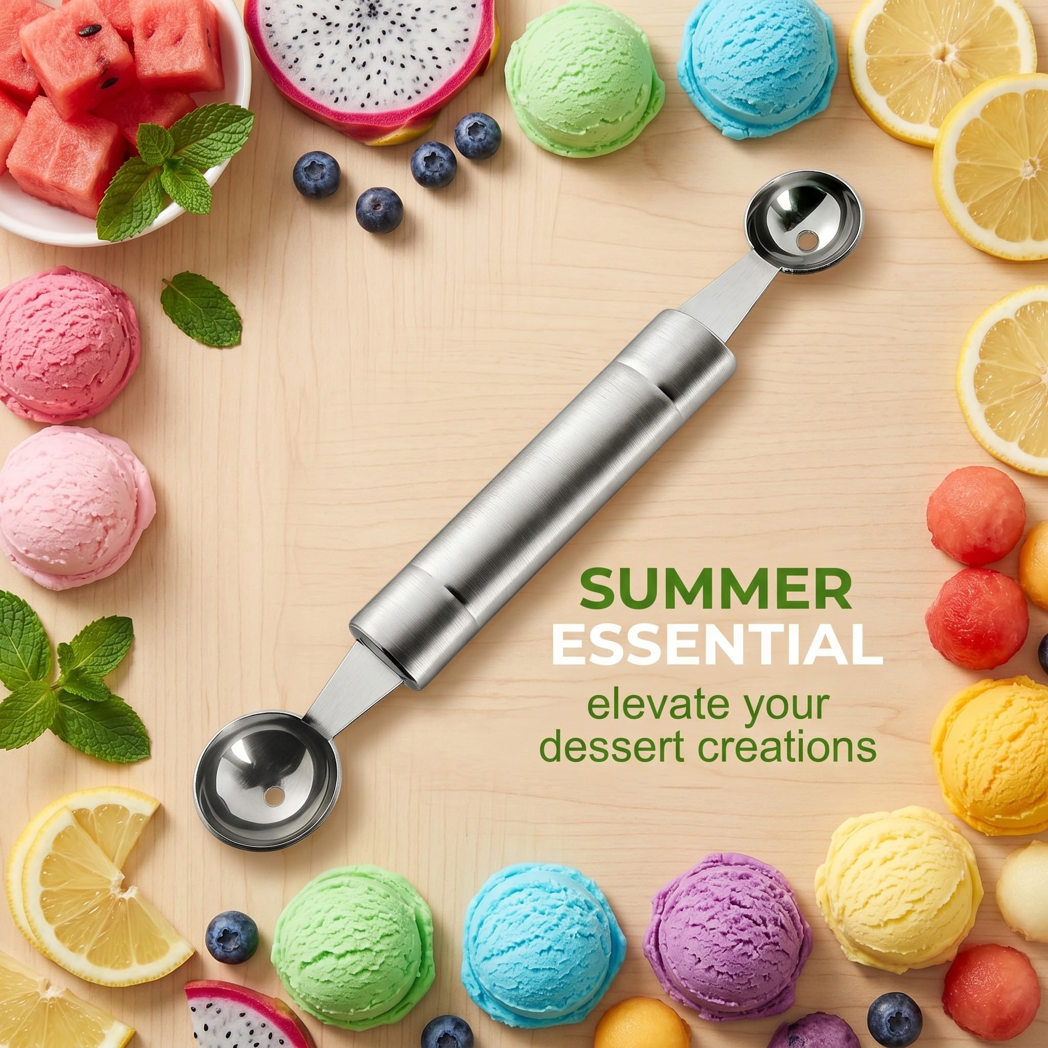 Cucchiaio Gelato a Doppia Testa per Palline e Frutta, Professionale