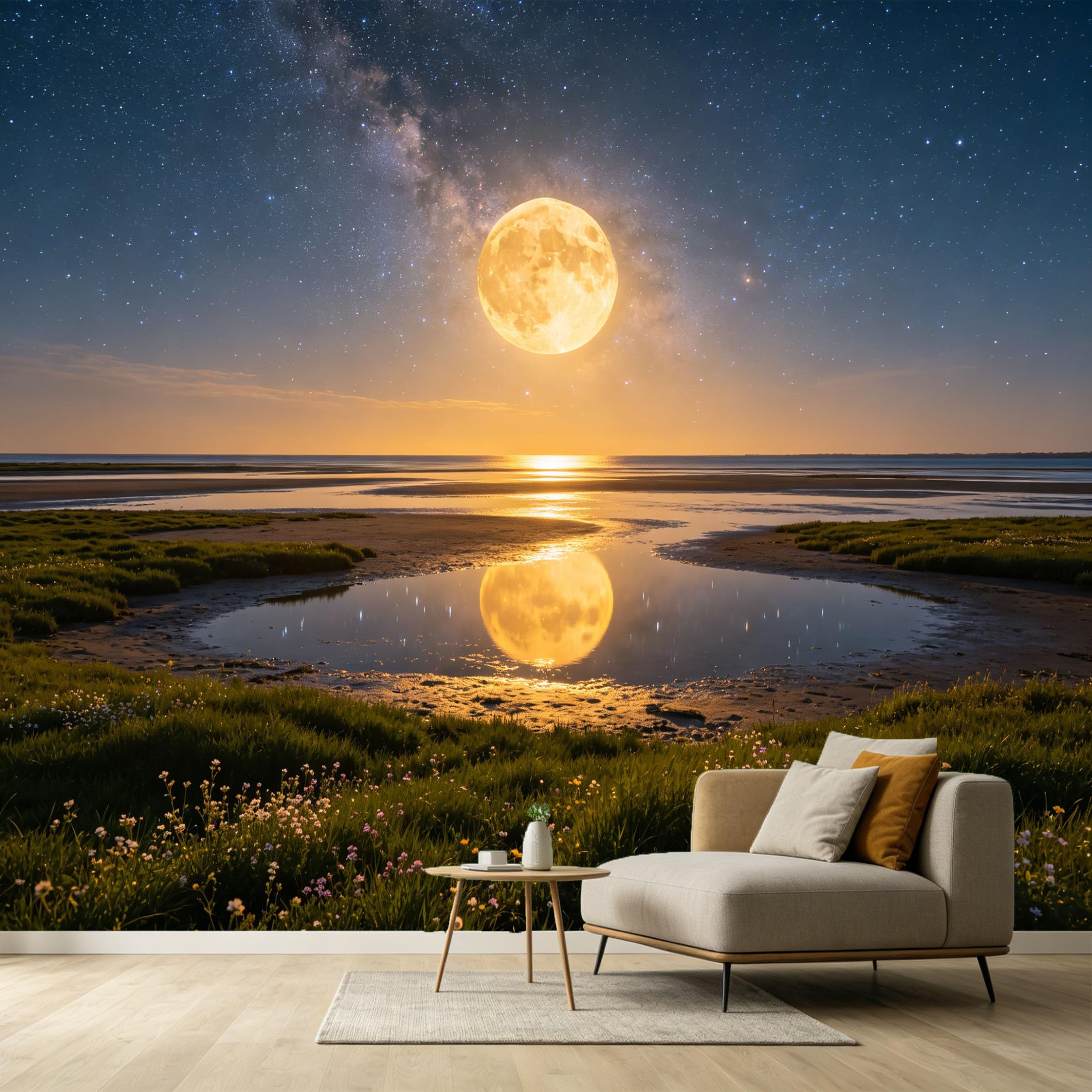 Custom Size Wall Murals Night Moon Milky Way Ocean Landscape Contemporary SelfAdhesive Wall Fabric Removable Large Wallpaper for Photo Living Room