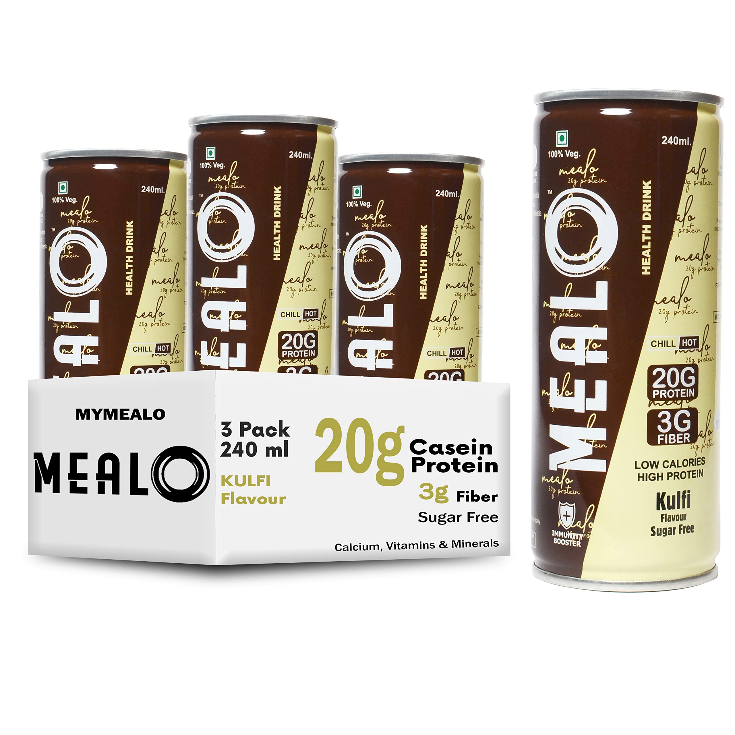 Mealo Protein Milk Shake - 20g Casein Proteins, 3G Fiber | Ready Energy Drink | Contains Natural Calcium, Multi Vitamins & Minerals | For Pre & Post Workout, Sports & Fitness (Kulfi, 3 Pack)