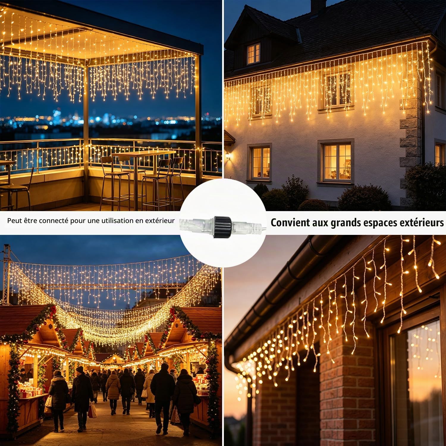 Guirlande lumineuse à LED Pluie de glace extérieur 15m | 600 Leds Blanc Chaud Guirlande lumineuse de Noël d'extérieur avec 8 modes, Timer, IP44 pour Noël, Avant-toits, jardins