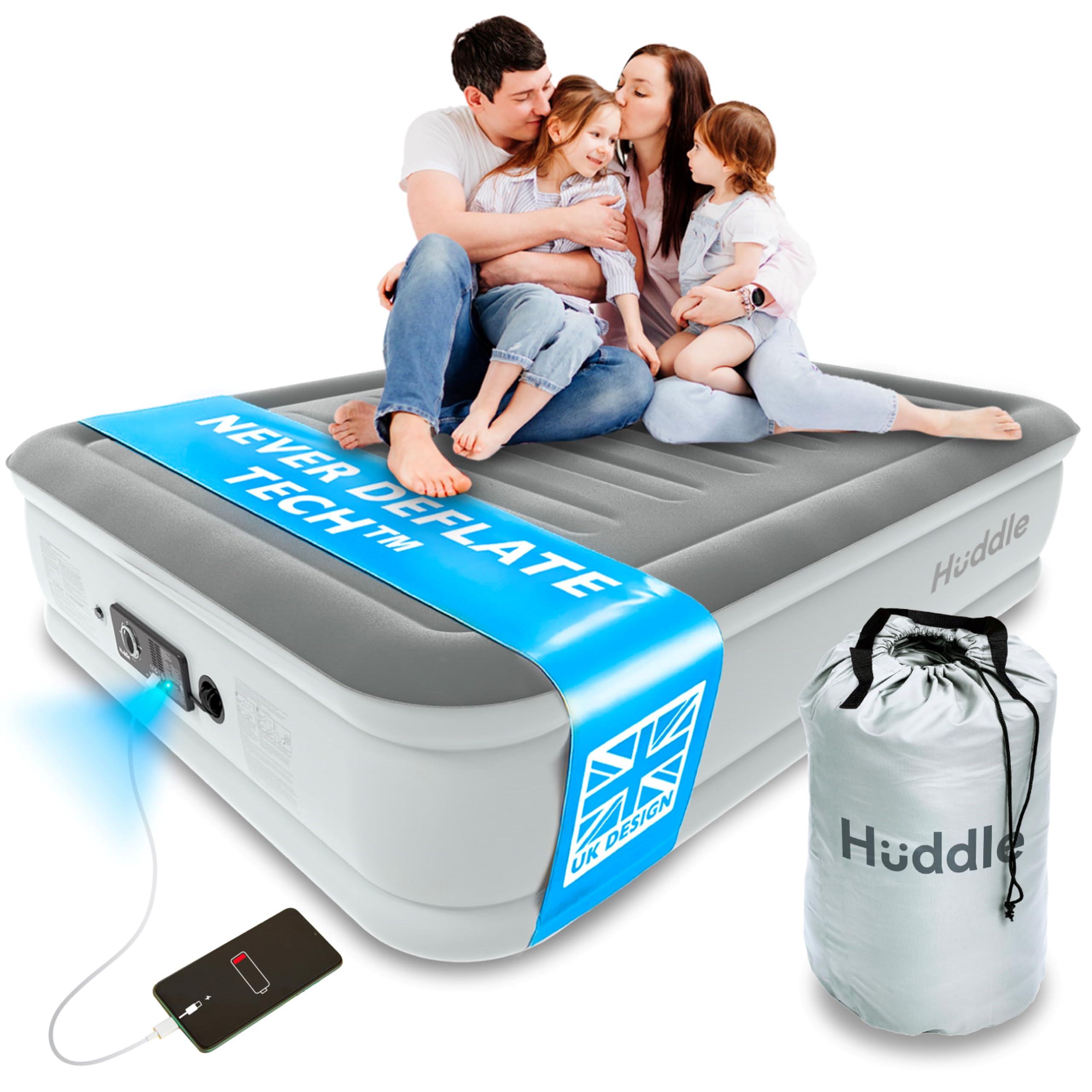 Huddle® luksusowy materac dmuchany King + opatentowana pompa premium SlumberGuard o podwójnym działaniu, nadmuchiwany materac z wbudowaną pompką, komfortowy materac, pojedynczy, podwójny lub King