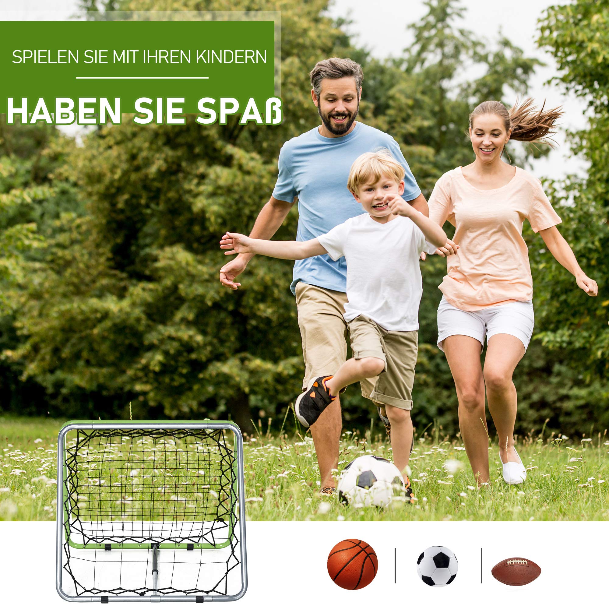 HOMCOM Football Rebounder Kickback Goal Filet de Rebond pour Baseball Basketball Rebond bilatéral Réglable en 5 étapes Métal Vert+Noir 75 x 75 x 64 cm