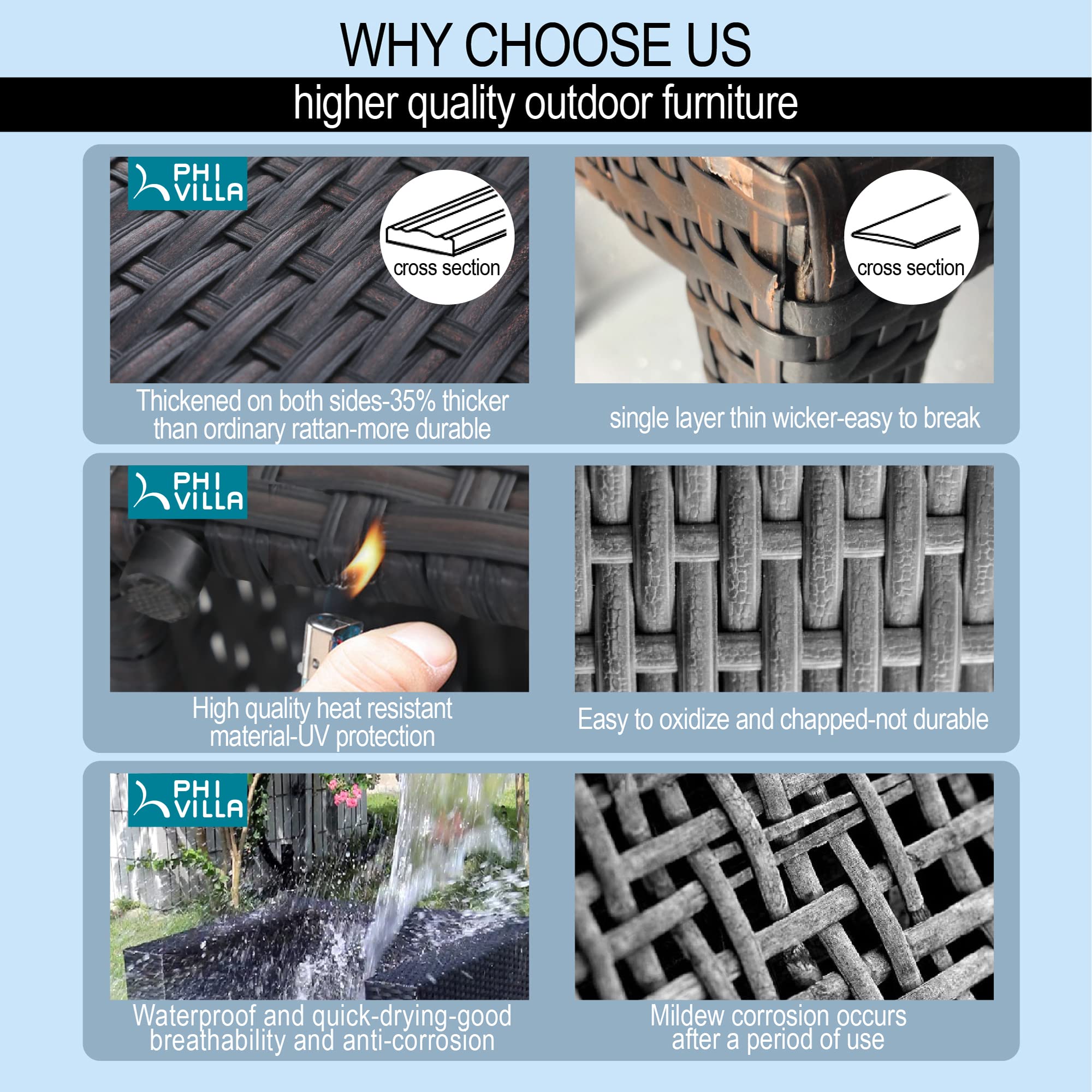 PHI VILLA Patio Furniture Set 9 Pieces Outdoor Sectional Rattan Sofa