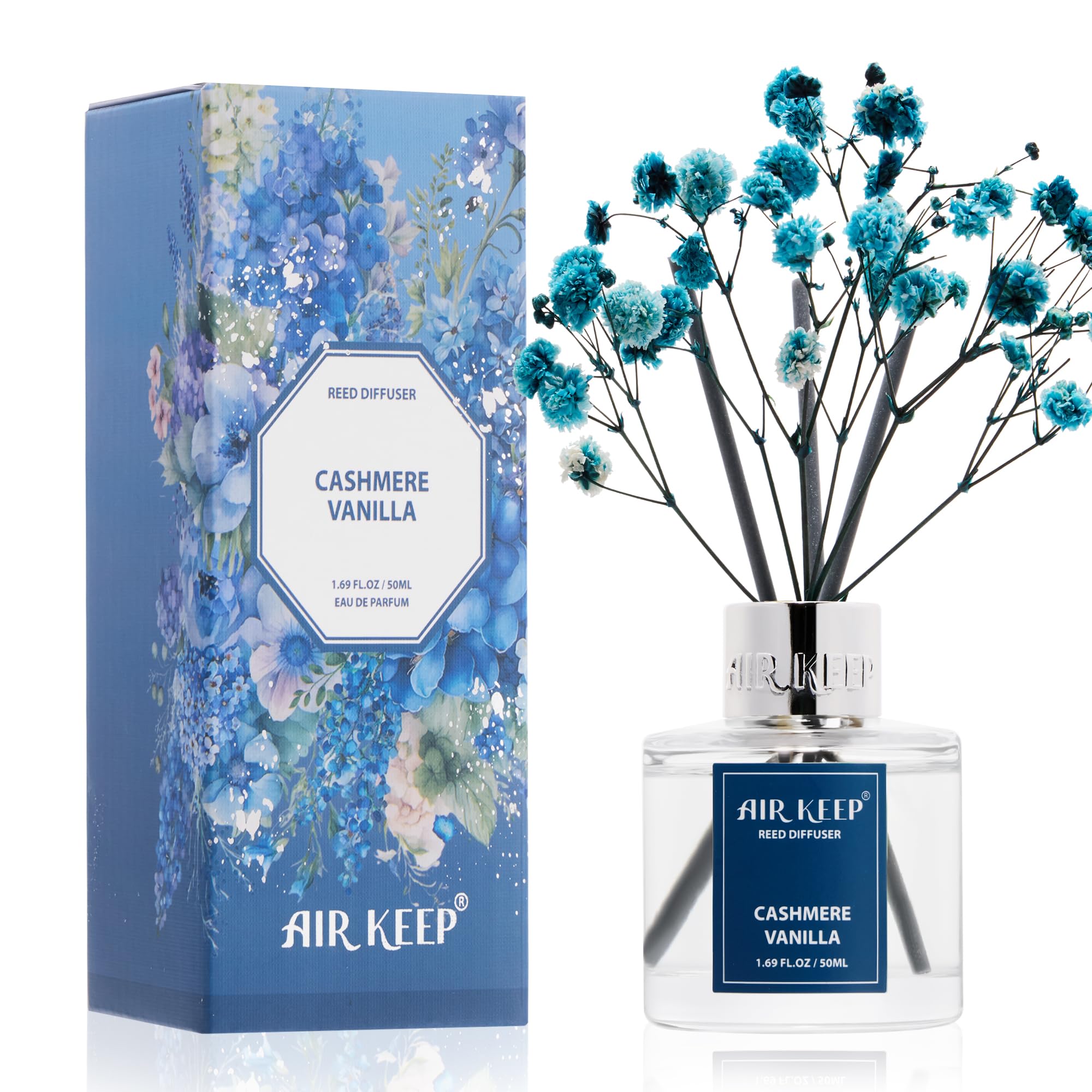 Airkeep Reed Diffuser Set,1.69 fl oz (50 ml) - Cashmere Vanilla Oil Diffusers with 8 Reed Sticks,Home Fragrance Reed Diffuser for Bathroom Shelf Decor
