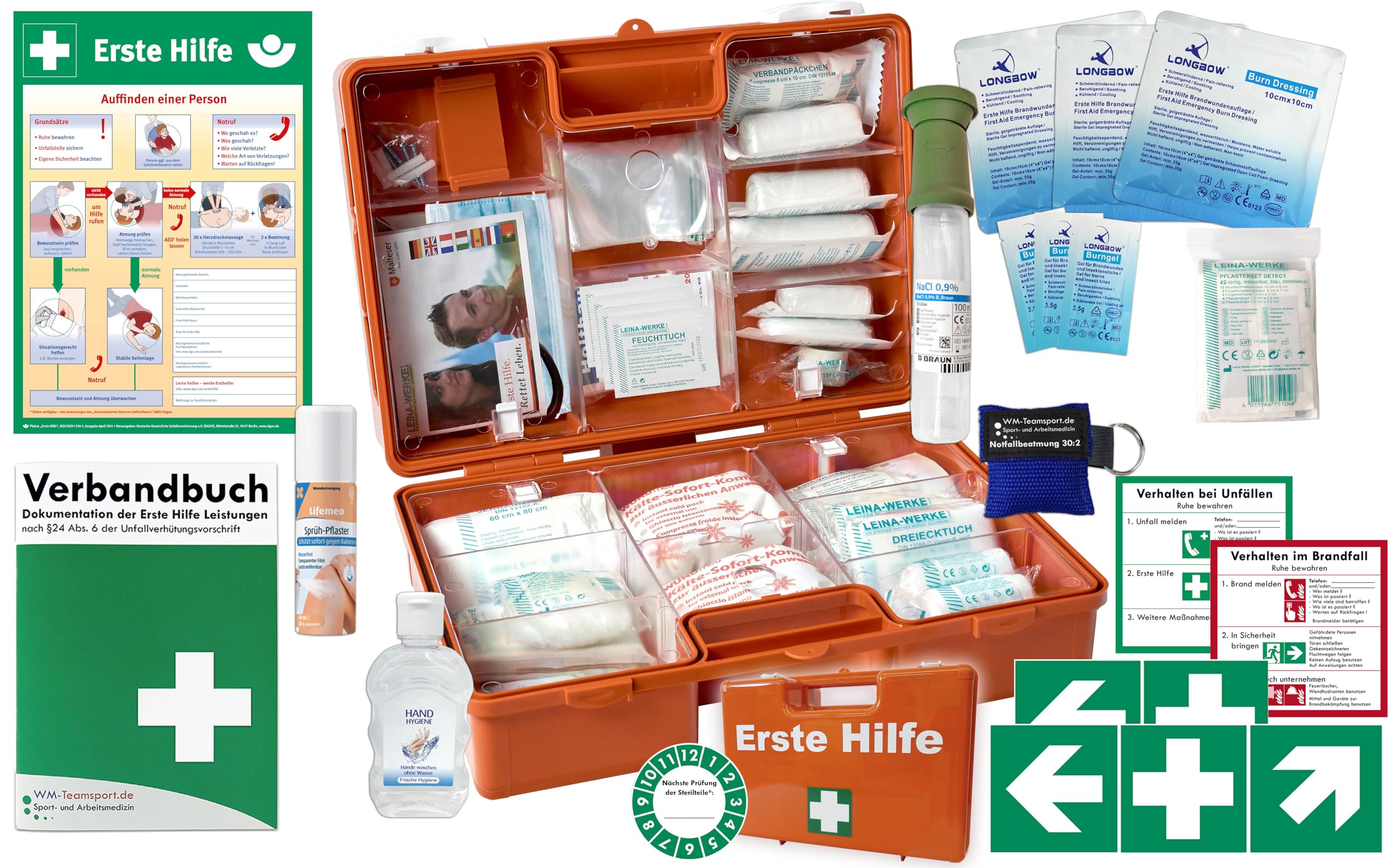 Erste-Hilfe-Koffer Gastro "PRO M5" für Betriebe nach aktueller DIN/EN 13157 inkl. Augenspülung + Brandgel + detektierbare Pflaster + Hydrogelverbände & Aushang + Aufkleber
