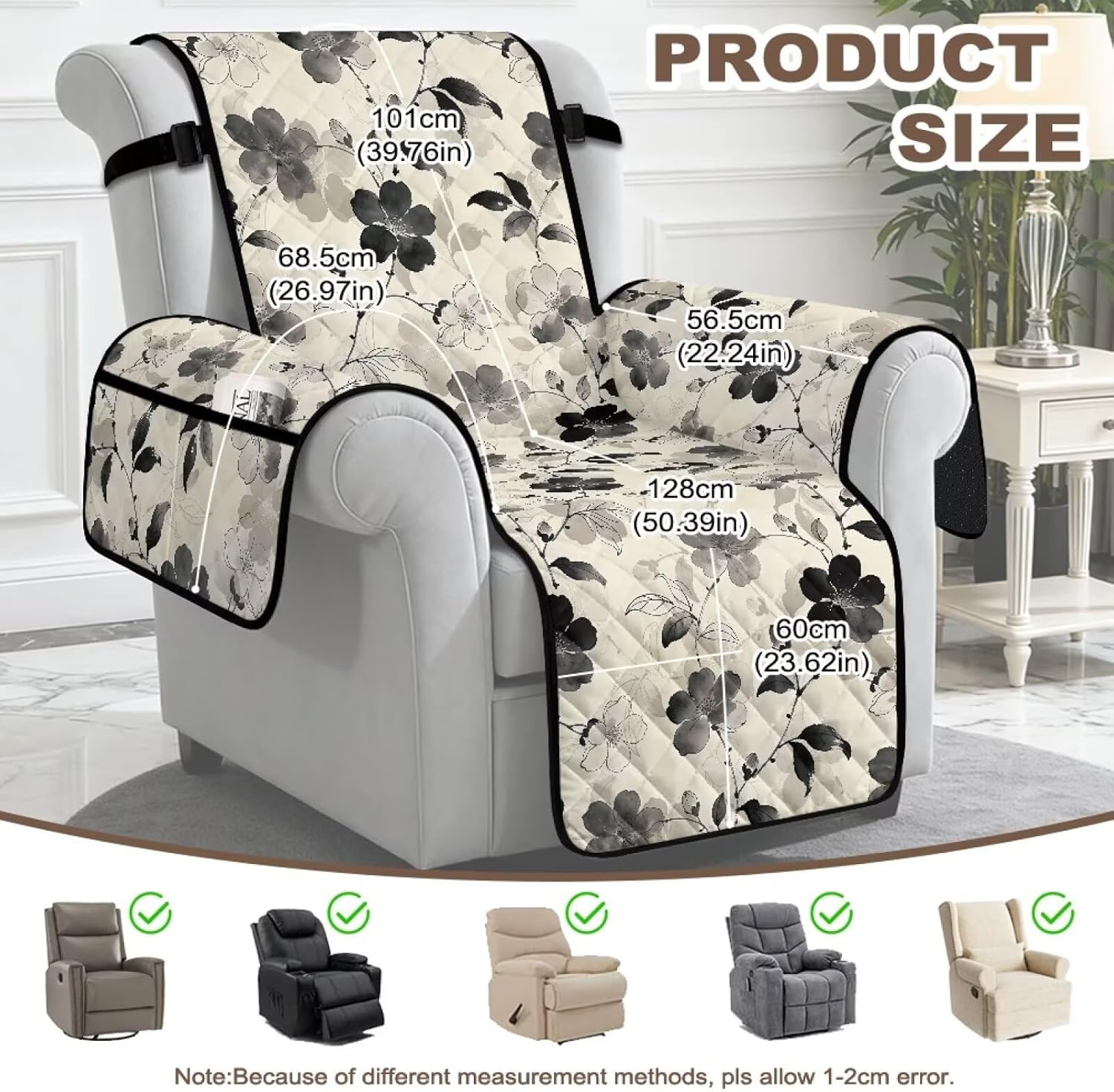 Lazyboy Recliner Chair Covers Floral Print Anti-Slip Recliner Slipcovers with Side Pockets Easy Install Single Sofa Couch Cover with Elastic Straps Washable Furniture Protector for Kids Pets