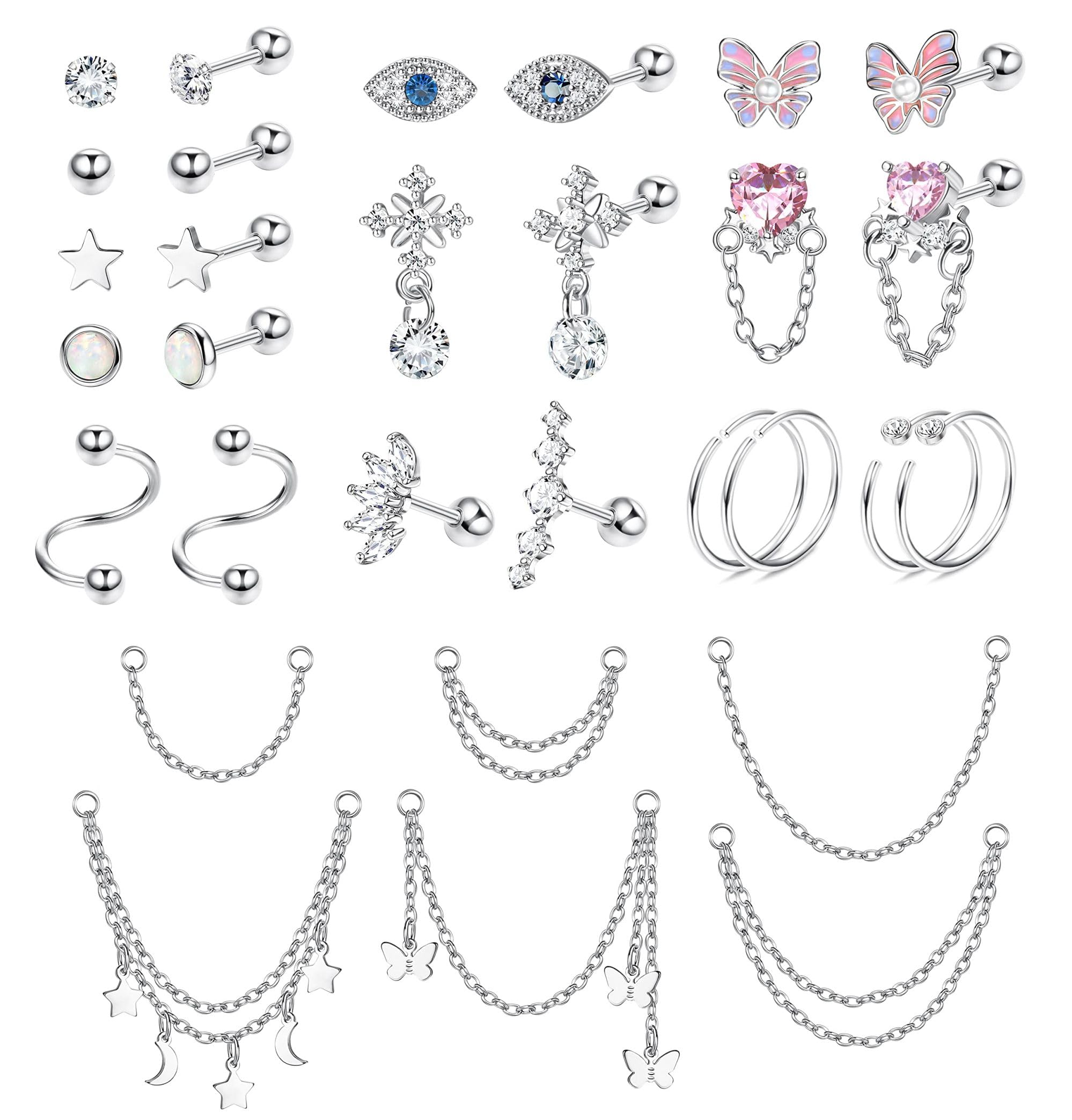 JeweBella30 Piezas 20G Pendientes Cartílago Acero Quirurgico Piercing Oreja para Mujer Niña Piercing Helix Tragus Conch con Cadena Colgante Pendientes CZ Estrella Corazón Pendientes Aro