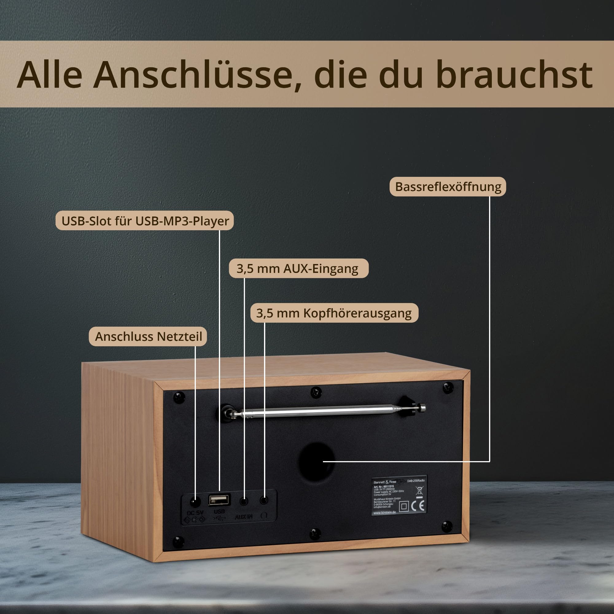 Bennett & Ross DAB-258 NT Vikedal DAB+/FM Digitalradio - Bluetooth Streaming vom Smartphone - USB MP3 Player und AUX - Dual Wecker mit Snooze und Sleep-Timer - LCD-Display - Natur