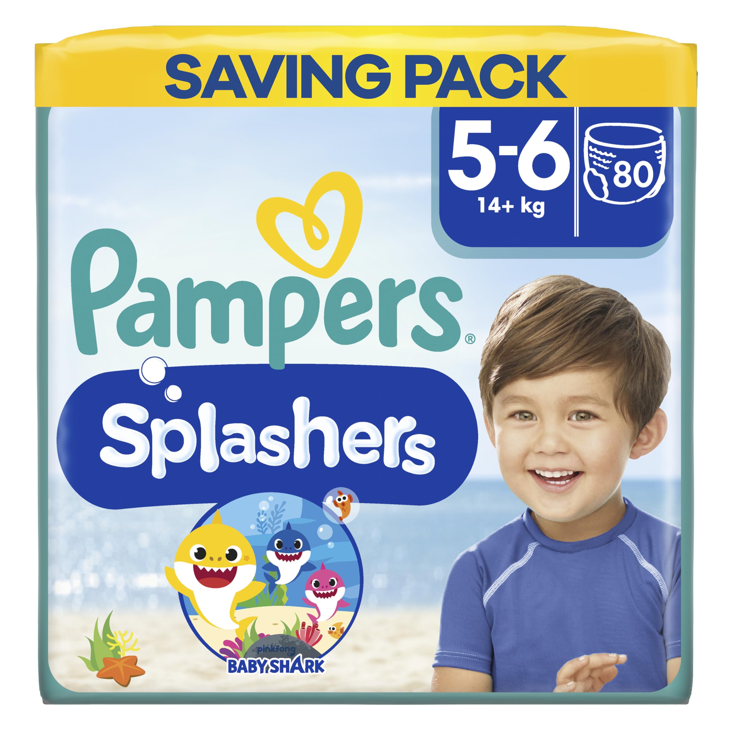 Pampers Splashers Baby Shark Edition Size 5, 80 Count, 14kg+, Disposable Swim Nappy Pants, for Secure Protection in The Water