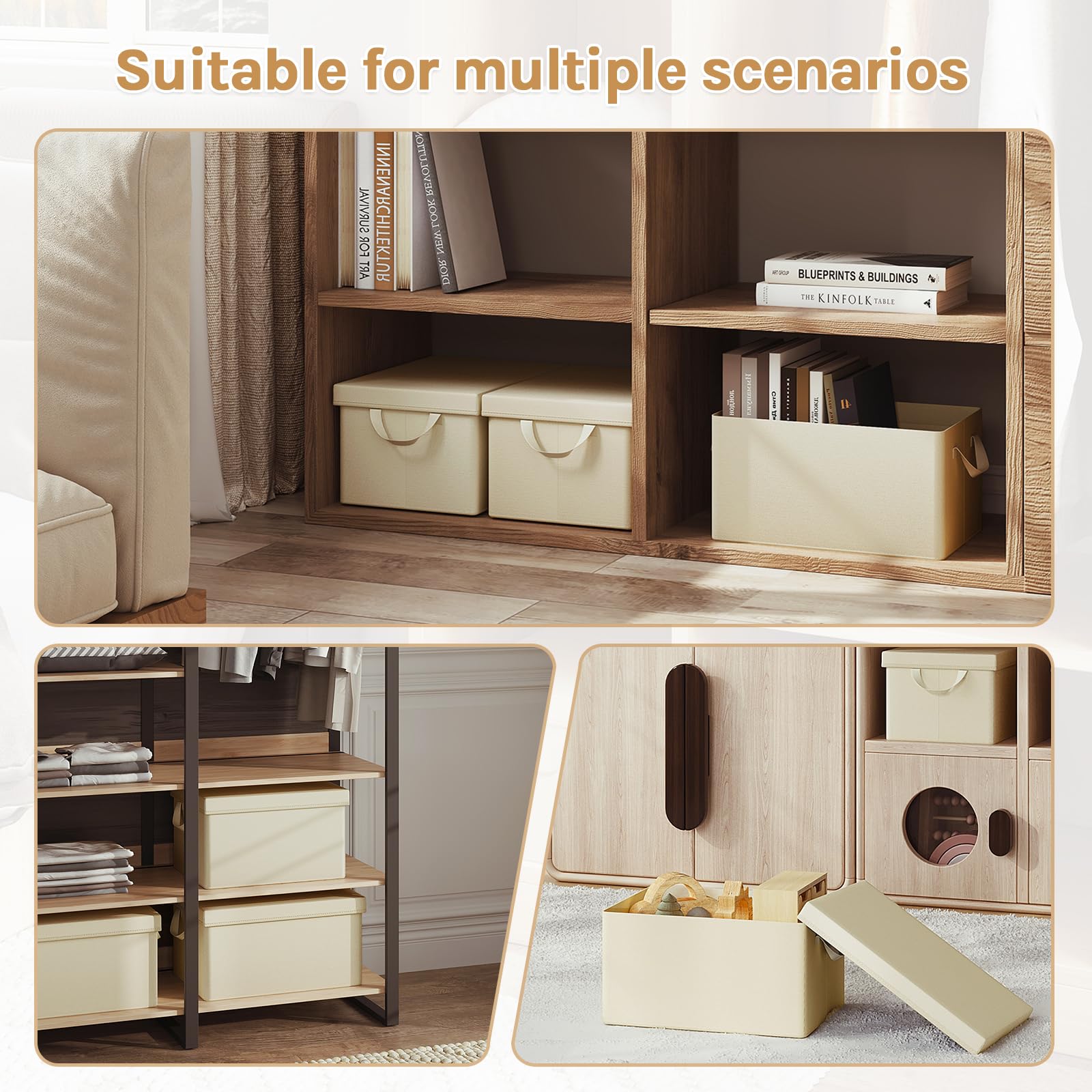 WOLTU 6 Piezas Cajas Organizadoras de Tela, Cestas Plegables para Guardar Ropa y Juguetes, con Tapa y Asas, Crema, 43x26x33cm | Hecho de tela de poliéster para dormitorio, estudio, sala de estar, caja organizadora con asas, plegable,