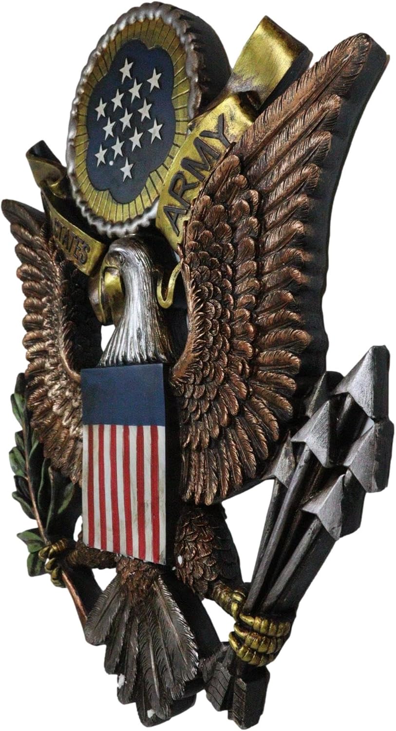 Ebros Gift Patriotic US United States Army Military Branch American Great Seal Bald Eagle with Olive Branch and Arrows Wall Decor Plaque Figurine Honor Valor and Bravery Memorial Accent