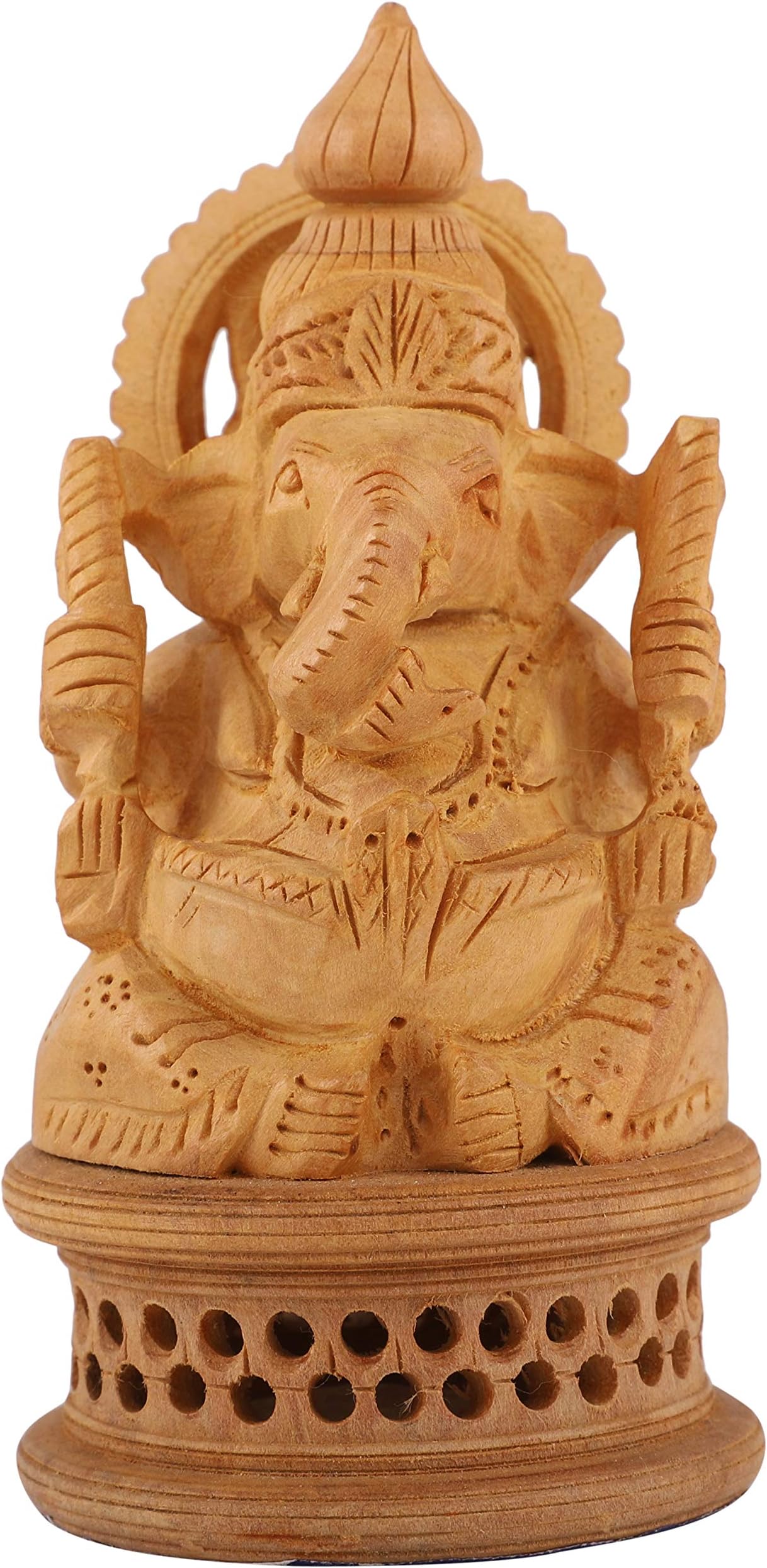 Wooden Ganesh Idol - Hand Carved Lord Ganesha Wood Sculpture - God of Prosperity and Fortune Brown