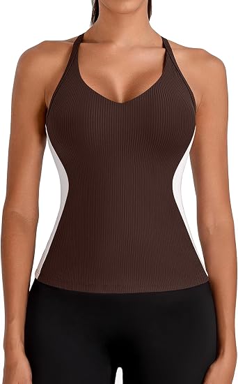 BMJL Womens Ribbed Workout Tank Tops Built in Bras Color Block Athletic Yoga Shirts Racerback Camisole