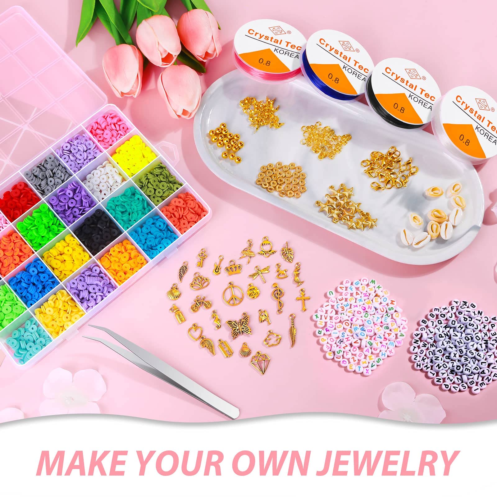 Anezus - Set di 5600 perline in argilla per creare bracciali, perline piatte con perline rotonde in polimero, lettera perline , ciondoli per braccialetto, corde elastiche collane, artigianato fai da