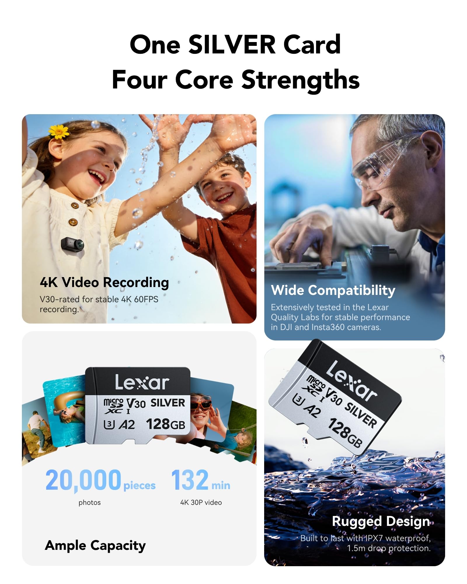 Lexar Silver Micro SD Card 128 GB, fino a 205 MB/s in lettura, TF Card | Microsdxc, 100 MB/s in scrittura, scheda di memoria micro SD+ adattatore, A2, U3, Classe 10, V30, Full HD e 4K UHD Video
