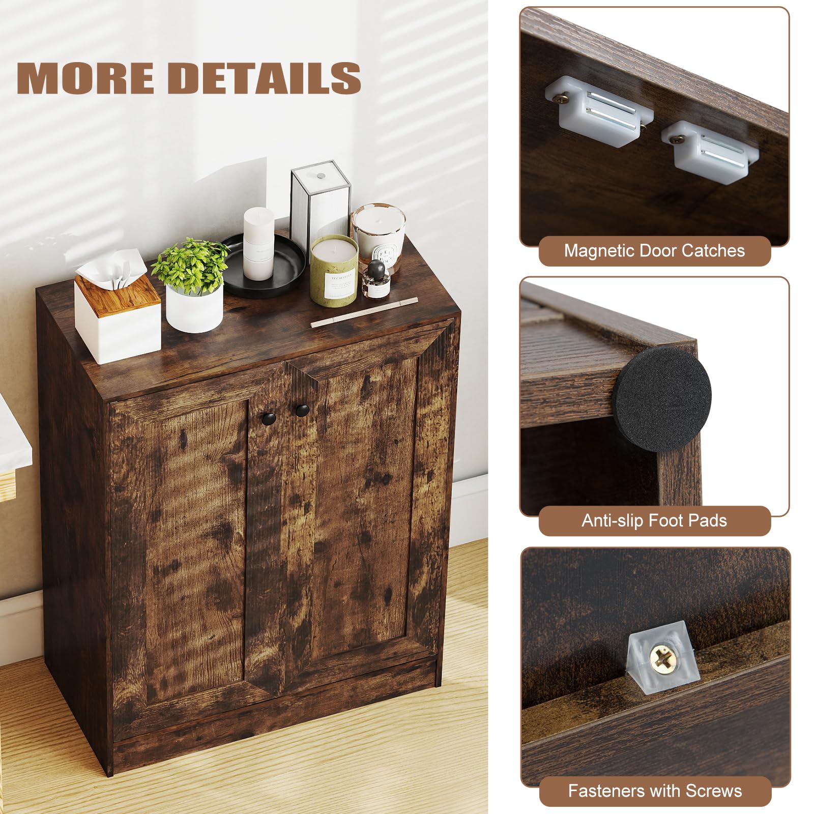 KOMFOTTEU Credenza Cucina con 2 Ante, Mobile Cucina Dispensa con 2 Ripiani Regolabili e Kit Antiribaltamento, Mobiletto per Soggiorno, Sala da Pranzo, Camera da Letto, Ingresso, 60x30x80cm (Marrone)
