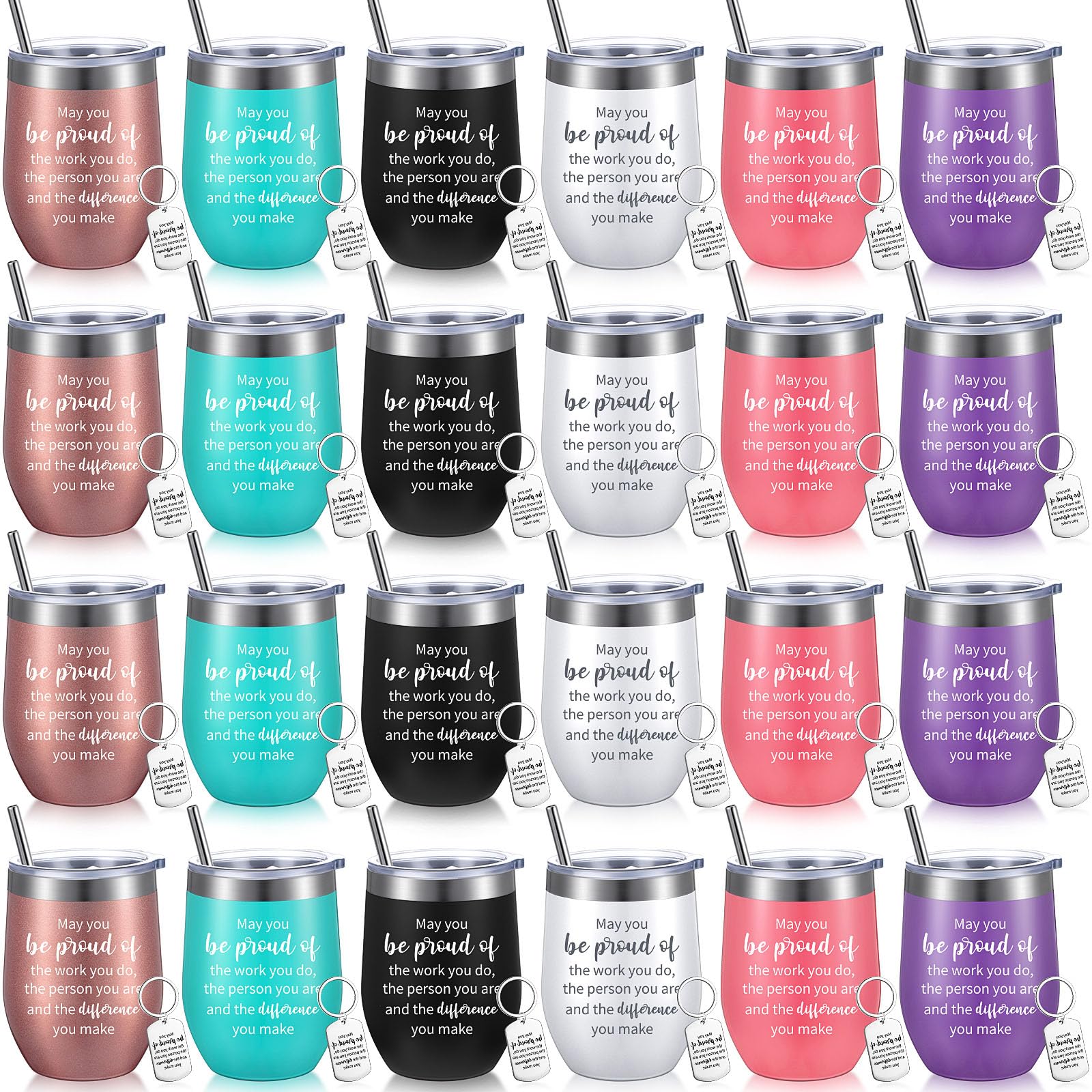 Inbagi 24 Pcs Thank You Gifts Inspirational Wine Tumbler with Straw Employee Appreciation Cups and Keychain Set -may You Be Proud Stainless Steel Tumbler Cups for Teacher Colleagues(Fresh Colors)