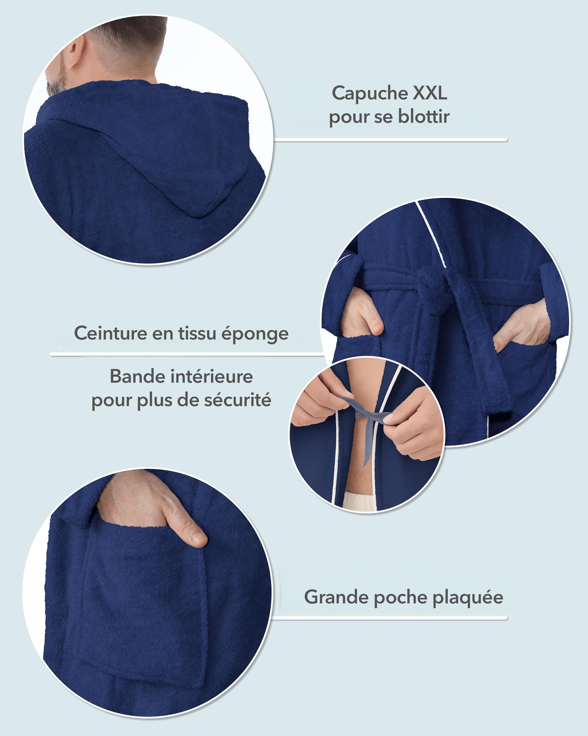 LAYNENBURG Peignoir Homme en éponge - Capuche - long - 100% coton (360g/m2) - OEKO TEX Standard 100 - Taille M, L, XL, XXL, 3XL