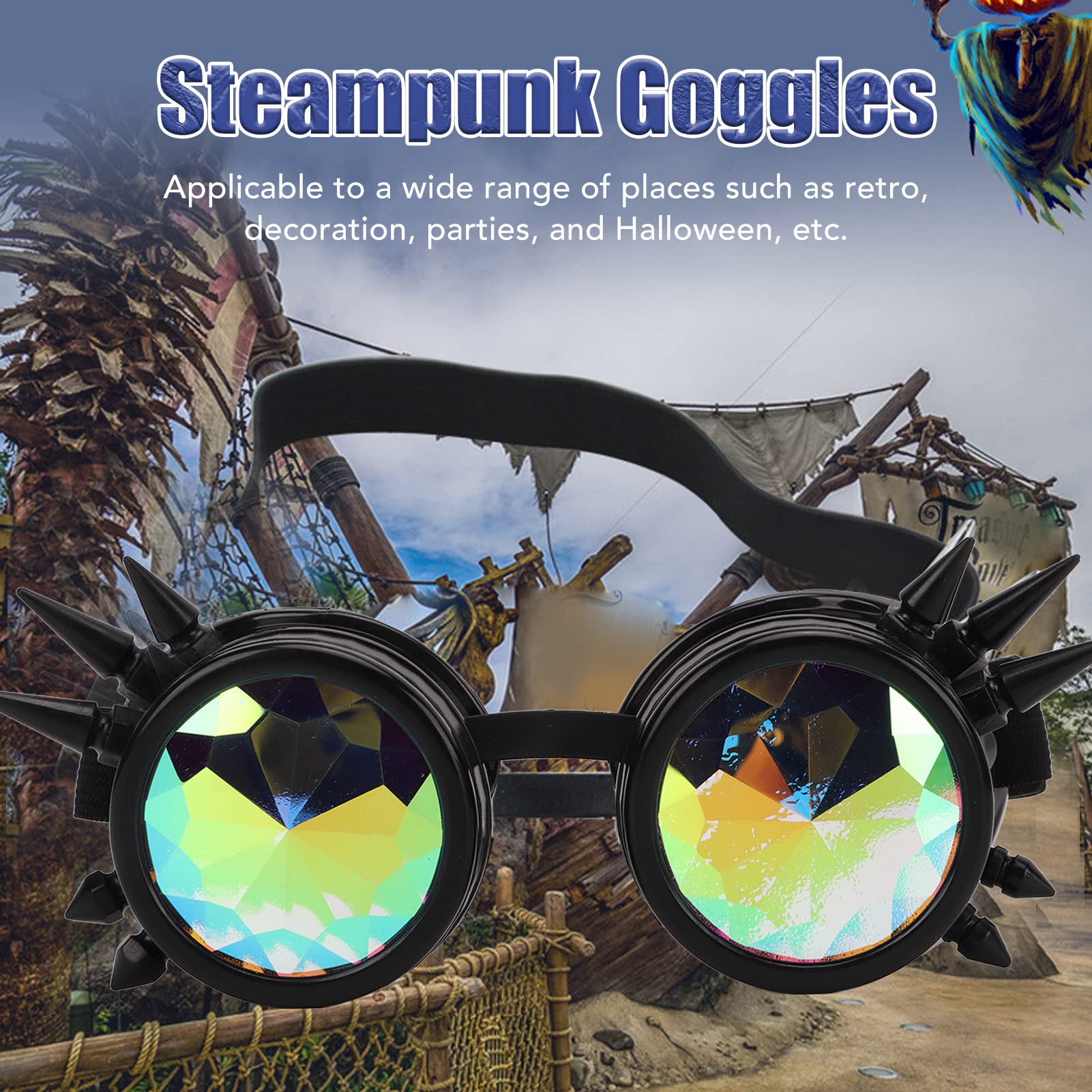 Steampunk Retro Eyewear PC e lenti abbaglianti con caleidoscopio ABS con cinturino elastico regolabile per la festa di decorazione retrò Halloween (Nero)