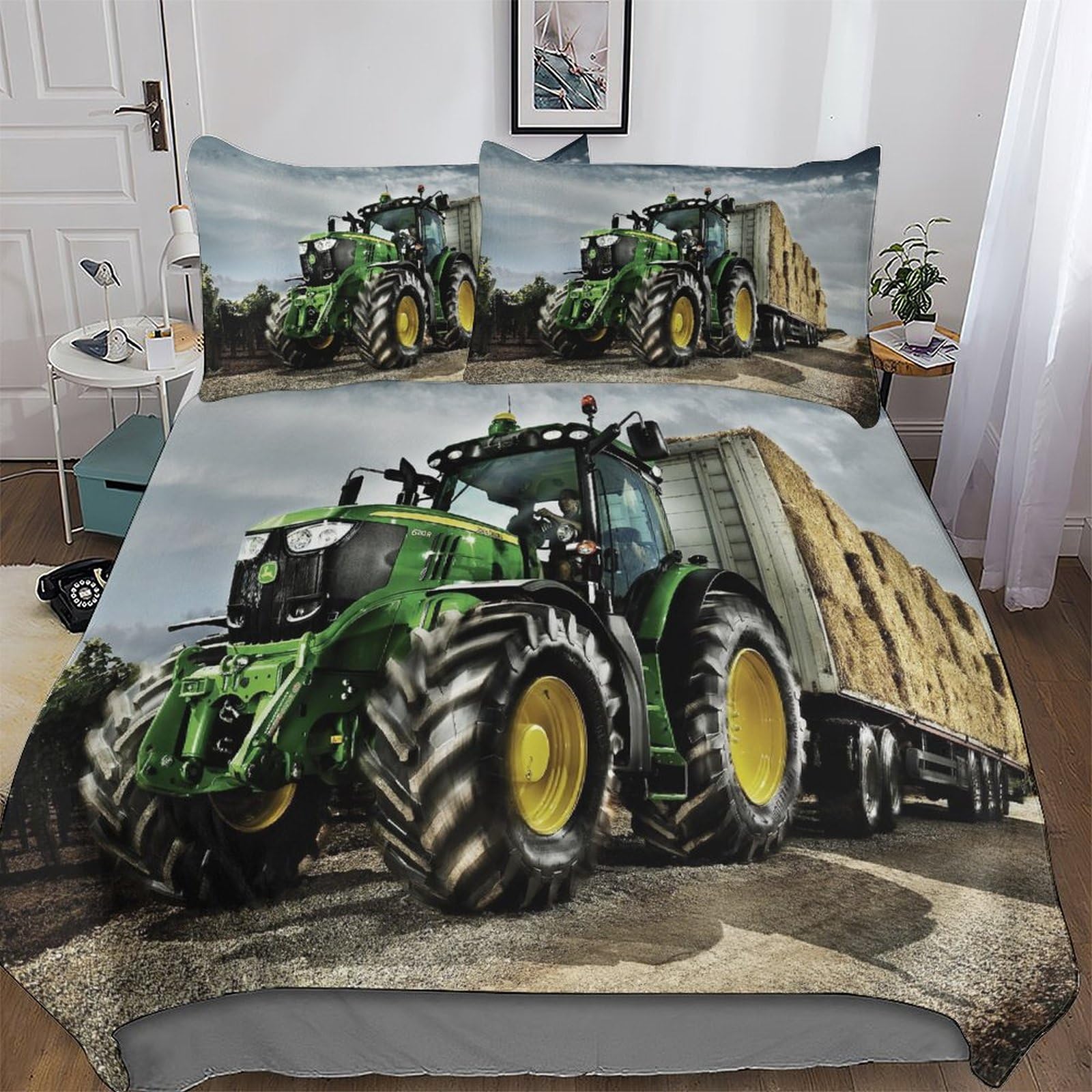 Tractor Bedding 2 Pieces Set for Kids Boys Girls Teens Bedroom Duvet Cover Soft Microfiber Quilt Cover with Pillowcase Single(135x200cm)
