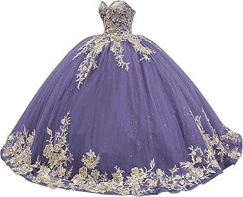 XYAYE Womens Sparkly Tulle Quinceanera Dresses Ball Gown 3D Flowers Strapless Dresses Gold Lace Sweet 15 16 Dress XY094