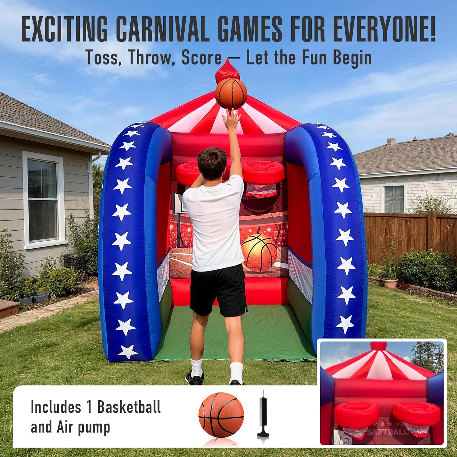 Inflatable Carnival Games — 6.5×6.5×9FT, Built-in Blower, Quick-Inflate — Basketball Hoop (Quick-Inflate Indoor & Outdoor Basketball Game for Backyard Parties, Team Challenges & Event Fun)